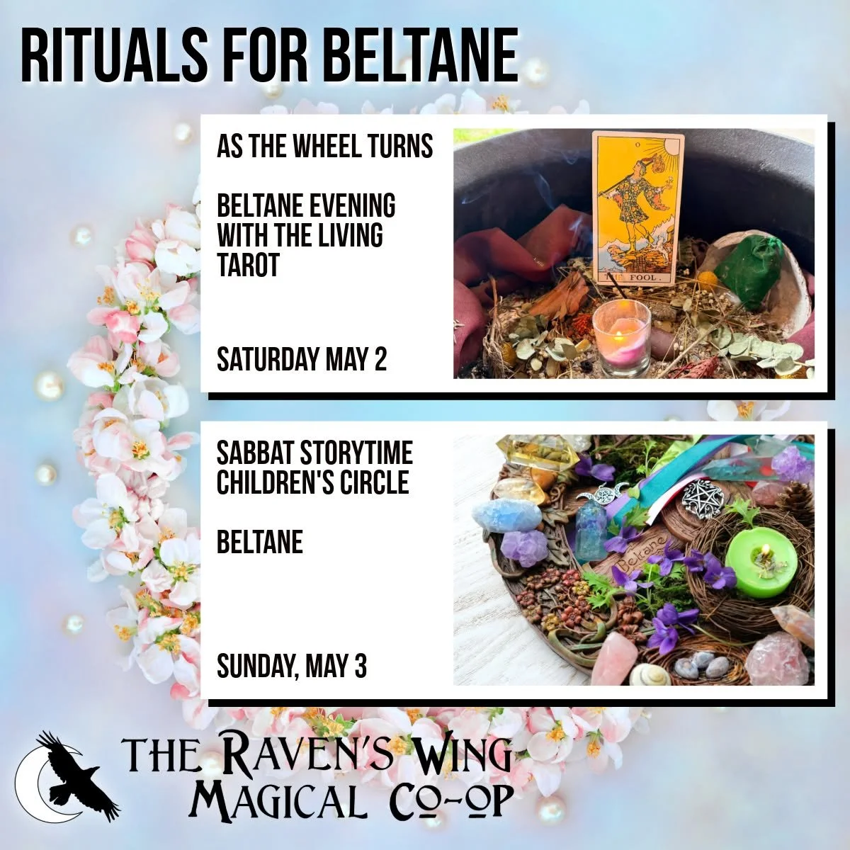 Come join us as we celebrate the Turning of the Wheel with two rituals for Beltane this weekend!

𝗔𝘀 𝘁𝗵𝗲 𝗪𝗵𝗲𝗲𝗹 𝗧𝘂𝗿𝗻𝘀 - 𝗕𝗲𝗹𝘁𝗮𝗻𝗲 𝗘𝘃𝗲𝗻𝗶𝗻𝗴 𝘄𝗶𝘁𝗵 𝘁𝗵𝗲 𝗟𝗶𝘃𝗶𝗻𝗴 𝗧𝗮𝗿𝗼𝘁
𝗦𝗮𝘁𝘂𝗿𝗱𝗮𝘆, 𝗠𝗮𝘆 𝟮 𝗳𝗿𝗼𝗺 𝟳:𝟯𝟬𝗽