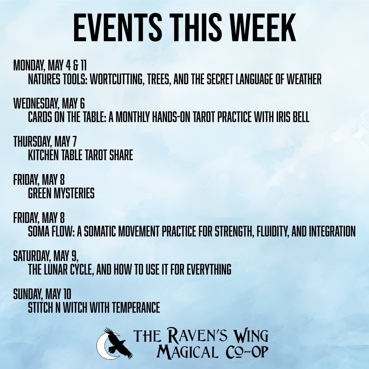 We have a group of magical events lined up for you this week. Make sure to check out the Events page on our website for more information and to register. 

Natures Tools: Wortcutting, Trees, and the Secret Language of Weather
Monday, May 4 from 7:00p