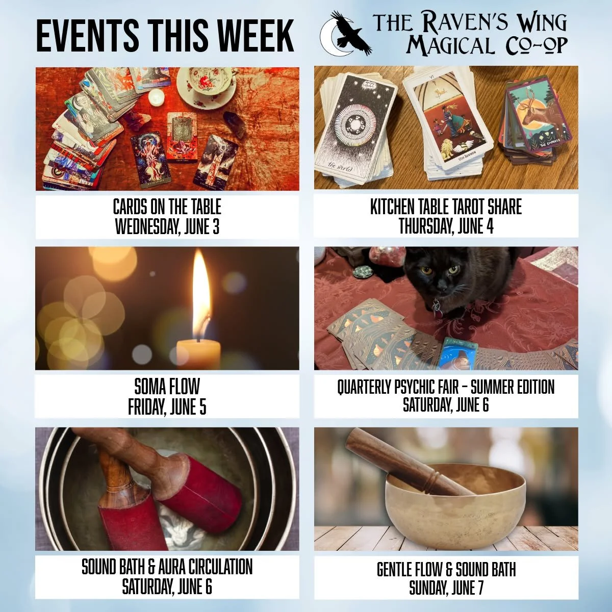 We have an exciting and busy week ahead full of fun and magical events!

𝗖𝗮𝗿𝗱𝘀 𝗢𝗻 𝗧𝗵𝗲 𝗧𝗮𝗯𝗹𝗲: 𝗔 𝗠𝗼𝗻𝘁𝗵𝗹𝘆 𝗛𝗮𝗻𝗱𝘀-𝗢𝗻 𝗧𝗮𝗿𝗼𝘁 𝗣𝗿𝗮𝗰𝘁𝗶𝗰𝗲 𝘄𝗶𝘁𝗵 𝗜𝗿𝗶𝘀 𝗕𝗲𝗹𝗹
𝗪𝗲𝗱𝗻𝗲𝘀𝗱𝗮𝘆, 𝗝𝘂𝗻𝗲 𝟯 𝗳𝗿𝗼𝗺𝟲:𝟯𝟬𝗽𝗺 ?