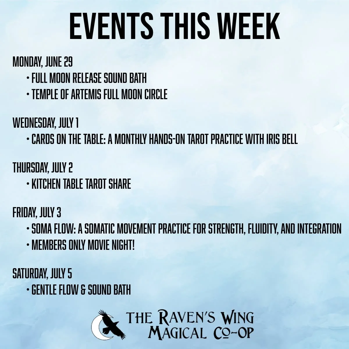 We have an exciting and magical group of events lined up for you this week!

𝗙𝘂𝗹𝗹 𝗠𝗼𝗼𝗻 𝗥𝗲𝗹𝗲𝗮𝘀𝗲 𝗦𝗼𝘂𝗻𝗱 𝗕𝗮𝘁𝗵
𝗠𝗼𝗻𝗱𝗮𝘆, 𝗝𝘂𝗻𝗲 𝟮𝟵 𝗳𝗿𝗼𝗺 𝟱:𝟯𝟬𝗽𝗺 𝘁𝗼 𝟲:𝟬𝟬𝗽𝗺

Honoring the full moon, this is a 30-minute gathering