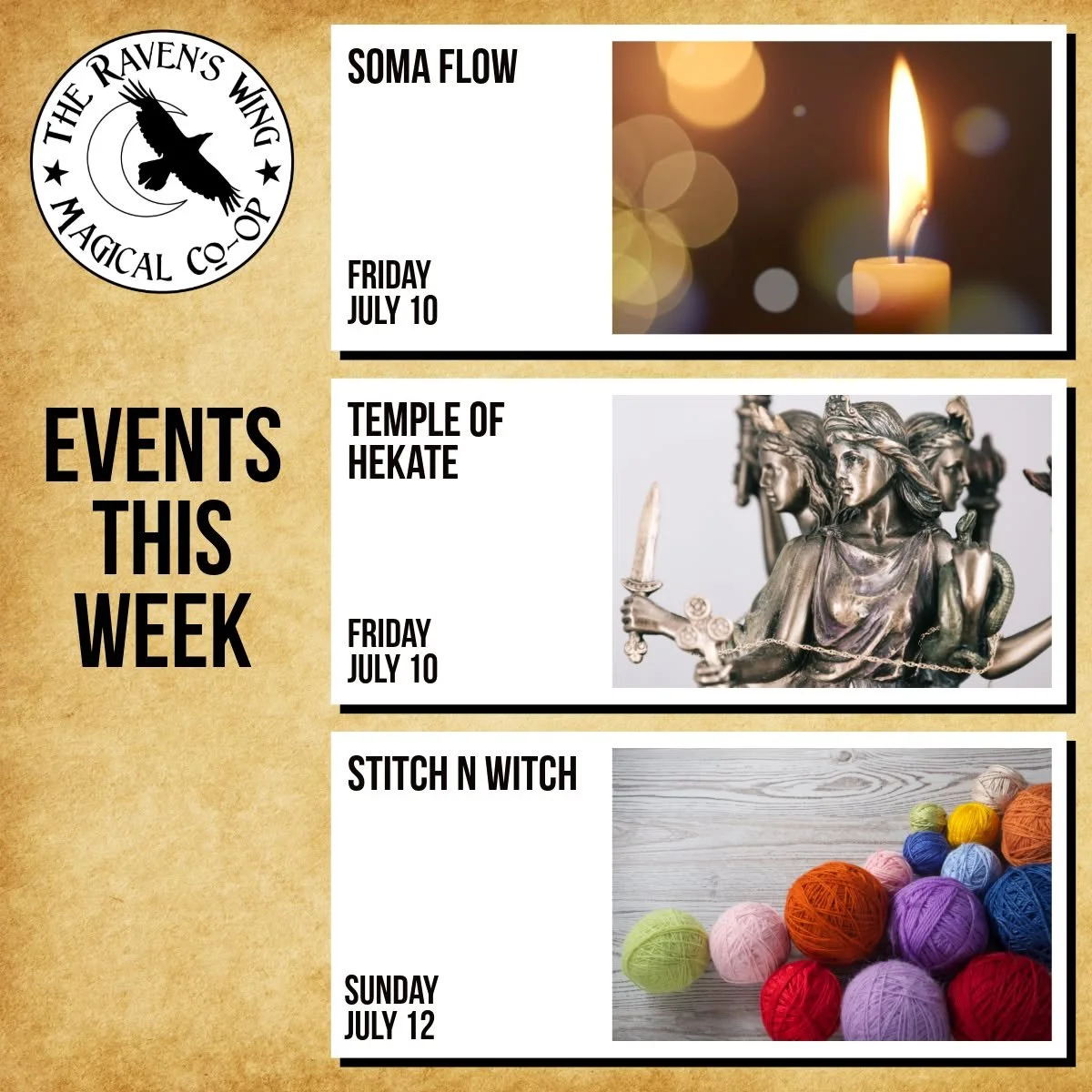 Events coming up here at The Raven's Wing Magical Co-Op this week! 

𝗦𝗼𝗺𝗮 𝗙𝗹𝗼𝘄: 𝗔 𝗦𝗼𝗺𝗮𝘁𝗶𝗰 𝗠𝗼𝘃𝗲𝗺𝗲𝗻𝘁 𝗣𝗿𝗮𝗰𝘁𝗶𝗰𝗲 𝗳𝗼𝗿 𝗦𝘁𝗿𝗲𝗻𝗴𝘁𝗵, 𝗙𝗹𝘂𝗶𝗱𝗶𝘁𝘆, 𝗮𝗻𝗱 𝗜𝗻𝘁𝗲𝗴𝗿𝗮𝘁𝗶𝗼𝗻
𝗙𝗿𝗶𝗱𝗮𝘆, 𝗝𝘂𝗹𝘆 𝟭𝟬 𝗳𝗿𝗼𝗺 