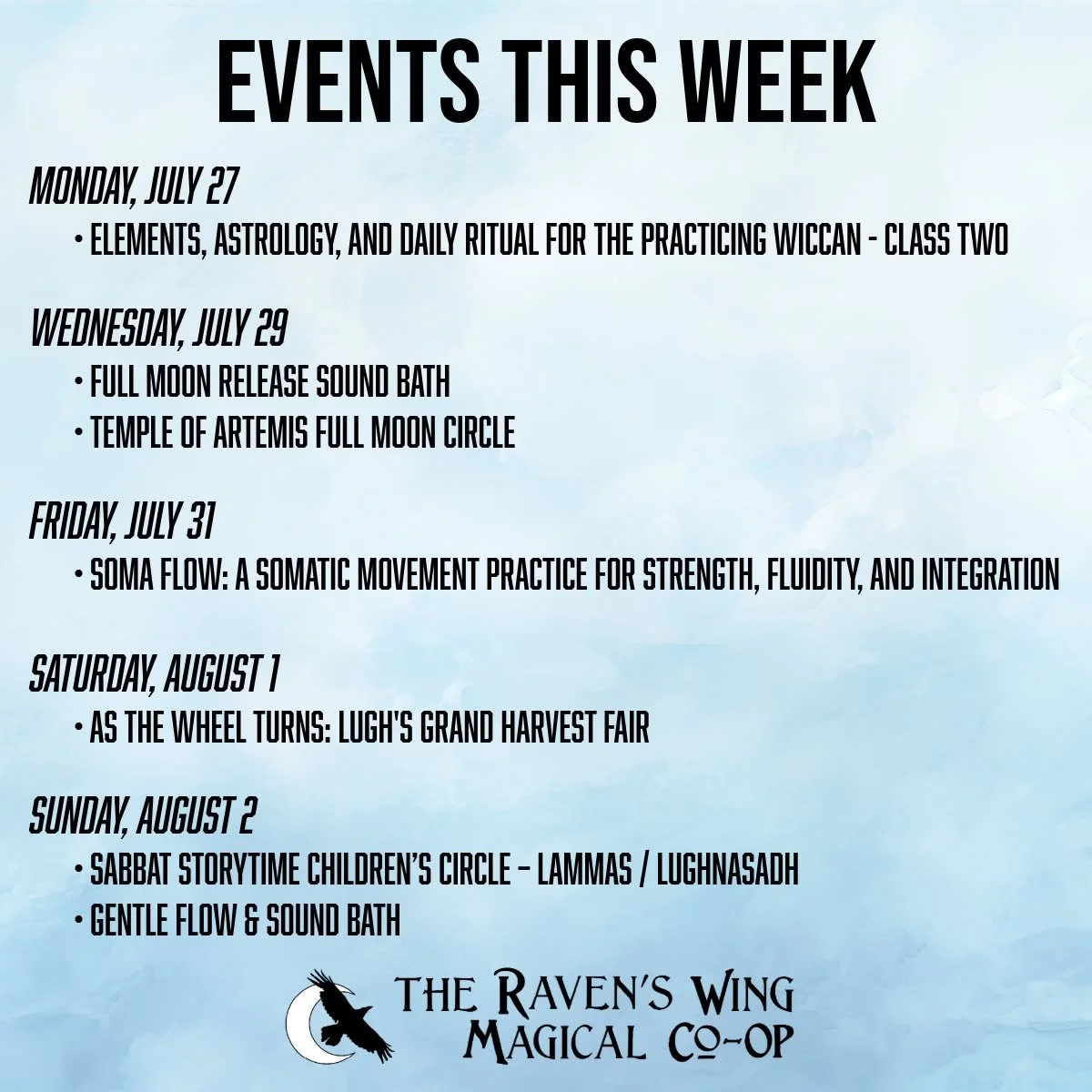 Come share some magic with us this week!

𝗘𝗹𝗲𝗺𝗲𝗻𝘁𝘀, 𝗔𝘀𝘁𝗿𝗼𝗹𝗼𝗴𝘆, 𝗮𝗻𝗱 𝗗𝗮𝗶𝗹𝘆 𝗥𝗶𝘁𝘂𝗮𝗹 𝗳𝗼𝗿 𝘁𝗵𝗲 𝗽𝗿𝗮𝗰𝘁𝗶𝗰𝗶𝗻𝗴 𝗪𝗶𝗰𝗰𝗮𝗻
𝗠𝗼𝗻𝗱𝗮𝘆, 𝗝𝘂𝗹𝘆 𝟮𝟳 𝗳𝗿𝗼𝗺 𝟳:𝟬𝟬𝗽𝗺 𝘁𝗼 𝟴:𝟯𝟬𝗽𝗺

Together we will explore