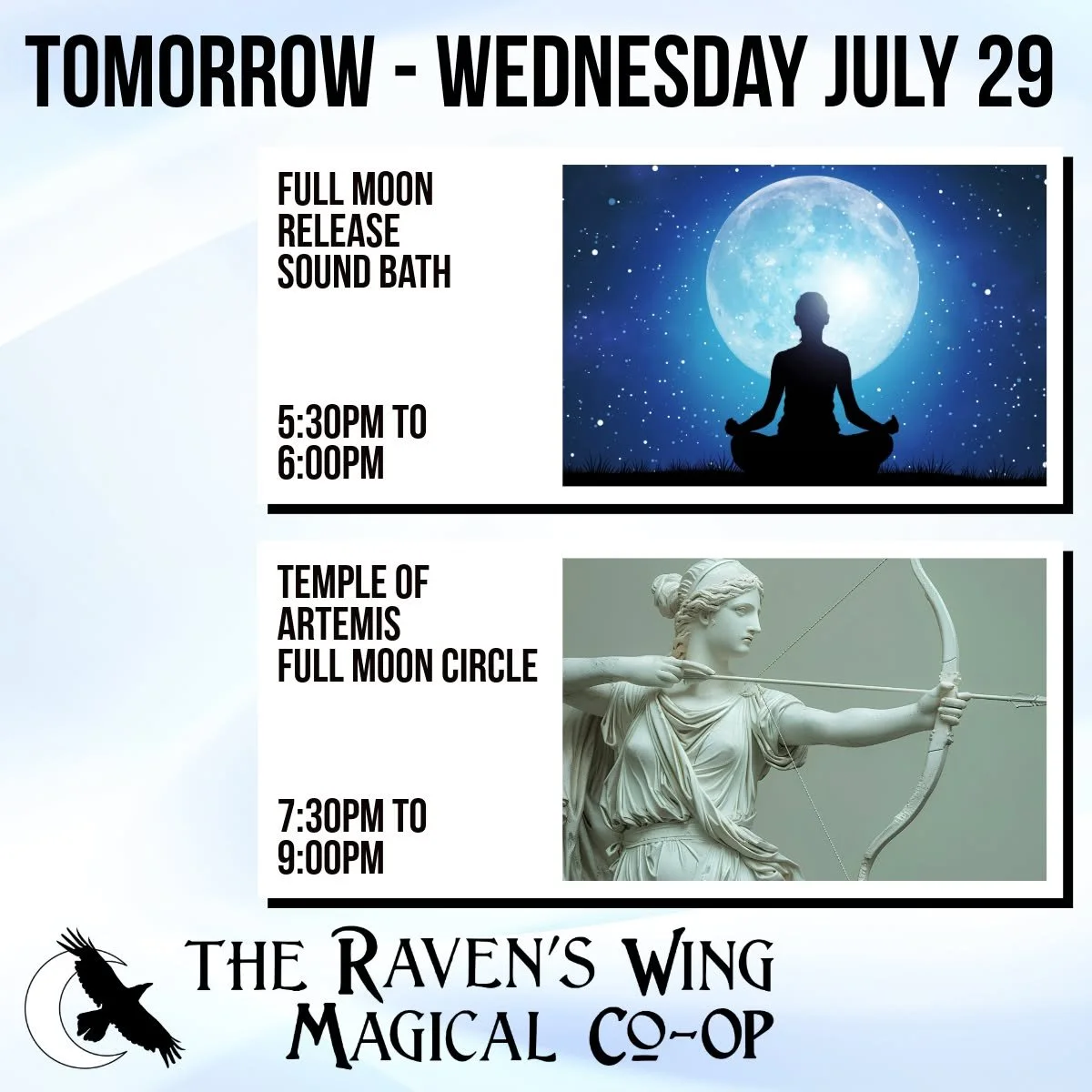 Join us tomorrow for two magical events! 

𝗙𝘂𝗹𝗹 𝗠𝗼𝗼𝗻 𝗥𝗲𝗹𝗲𝗮𝘀𝗲 𝗦𝗼𝘂𝗻𝗱 𝗕𝗮𝘁𝗵
𝗪𝗲𝗱𝗻𝗲𝘀𝗱𝗮𝘆, 𝗝𝘂𝗹𝘆 𝟮𝟵 𝗳𝗿𝗼𝗺 𝟱:𝟯𝟬𝗽𝗺 𝘁𝗼 𝟲:𝟬𝟬𝗽𝗺

Honoring the full moon, this is a 30-minute gathering of sound. We begin by setti
