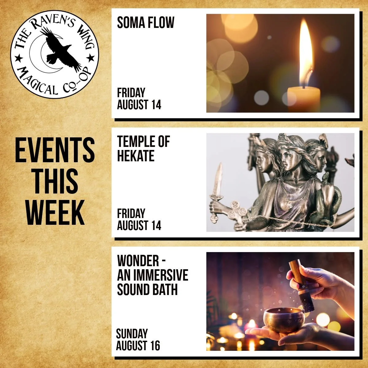 This week at The Raven's Wing Magical Co-Op - Movement, Ritual, and Healing! 

𝗦𝗼𝗺𝗮 𝗙𝗹𝗼𝘄: 𝗔 𝗦𝗼𝗺𝗮𝘁𝗶𝗰 𝗠𝗼𝘃𝗲𝗺𝗲𝗻𝘁 𝗣𝗿𝗮𝗰𝘁𝗶𝗰𝗲 𝗳𝗼𝗿 𝗦𝘁𝗿𝗲𝗻𝗴𝘁𝗵, 𝗙𝗹𝘂𝗶𝗱𝗶𝘁𝘆, 𝗮𝗻𝗱 𝗜𝗻𝘁𝗲𝗴𝗿𝗮𝘁𝗶𝗼𝗻
𝗙𝗿𝗶𝗱𝗮𝘆, 𝗔𝘂𝗴𝘂𝘀𝘁 
