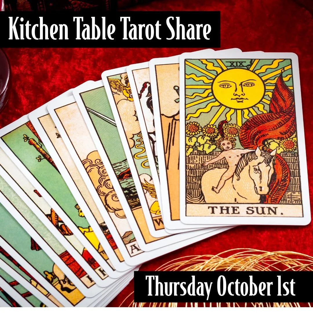 Our monthly meet up group for card readers is tomorrow night! This is a great opportunity to swap spreads, trade tips, and craft your cartomancy practice! 

𝗞𝗶𝘁𝗰𝗵𝗲𝗻 𝗧𝗮𝗯𝗹𝗲 𝗧𝗮𝗿𝗼𝘁 𝗦𝗵𝗮𝗿𝗲
𝗧𝗵𝘂𝗿𝘀𝗱𝗮𝘆, 𝗢𝗰𝘁𝗼𝗯𝗲𝗿 𝟭𝘀𝘁 (𝗺𝗼