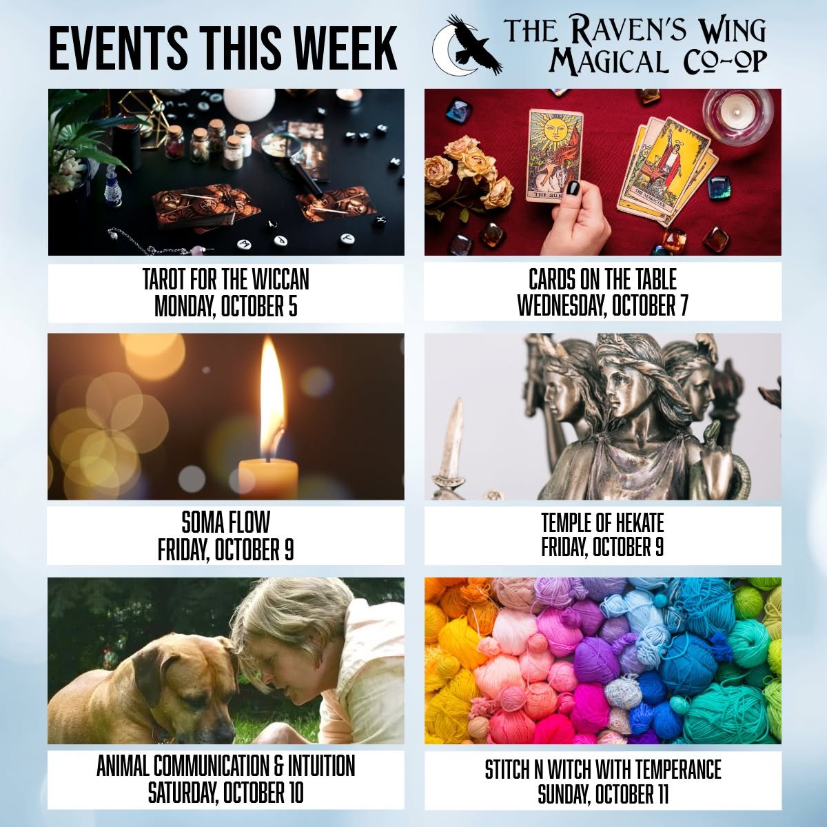 Come make magic with us this week!

𝗧𝗮𝗿𝗼𝘁 𝗳𝗼𝗿 𝘁𝗵𝗲 𝗪𝗶𝗰𝗰𝗮𝗻, 𝗮𝗻𝗱 𝗢𝘁𝗵𝗲𝗿 𝗗𝗶𝘃𝗶𝗻𝗮𝘁𝗼𝗿𝘆 𝗦𝗸𝗶𝗹𝗹𝘀 𝗳𝗼𝗿 𝗦𝗲𝗹𝗳-𝗗𝗶𝘀𝗰𝗼𝘃𝗲𝗿𝘆
𝗠𝗼𝗻𝗱𝗮𝘆, 𝗢𝗰𝘁𝗼𝗯𝗲𝗿 𝟱 𝗳𝗿𝗼𝗺 𝟳:𝟬𝟬𝗽𝗺 𝘁𝗼 𝟴:𝟯𝟬𝗽𝗺

Explore working w
