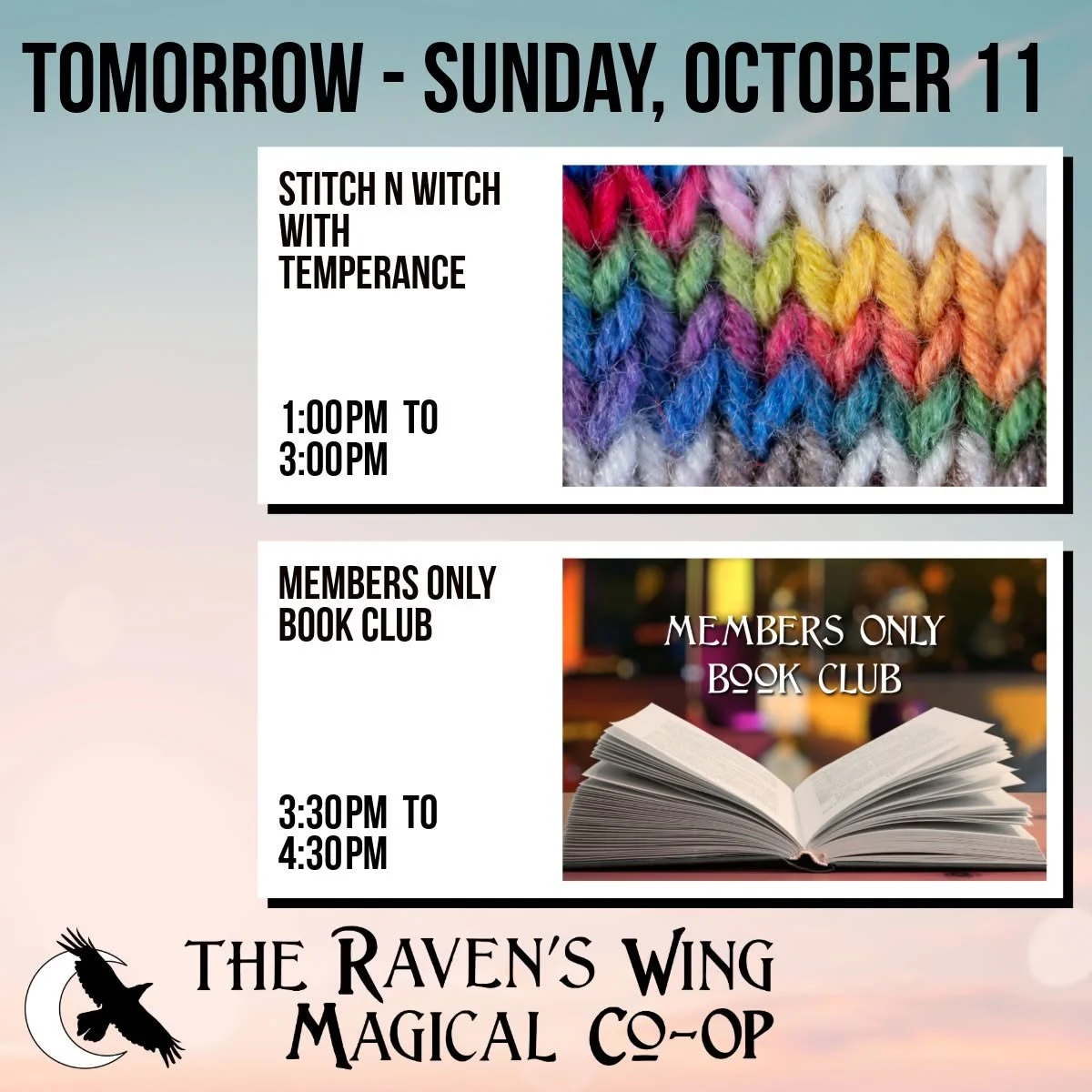 Community events coming up tomorrow! 

𝗦𝘁𝗶𝘁𝗰𝗵 𝗻 𝗪𝗶𝘁𝗰𝗵 𝘄𝗶𝘁𝗵 𝗧𝗲𝗺𝗽𝗲𝗿𝗮𝗻𝗰𝗲
𝗦𝘂𝗻𝗱𝗮𝘆, 𝗢𝗰𝘁𝗼𝗯𝗲𝗿 𝟭𝟭 𝗳𝗿𝗼𝗺 𝟭:𝟬𝟬𝗽𝗺 𝘁𝗼 𝟯:𝟬𝟬𝗽𝗺

Come and enjoy this social gathering to work on your portable fiber craft project