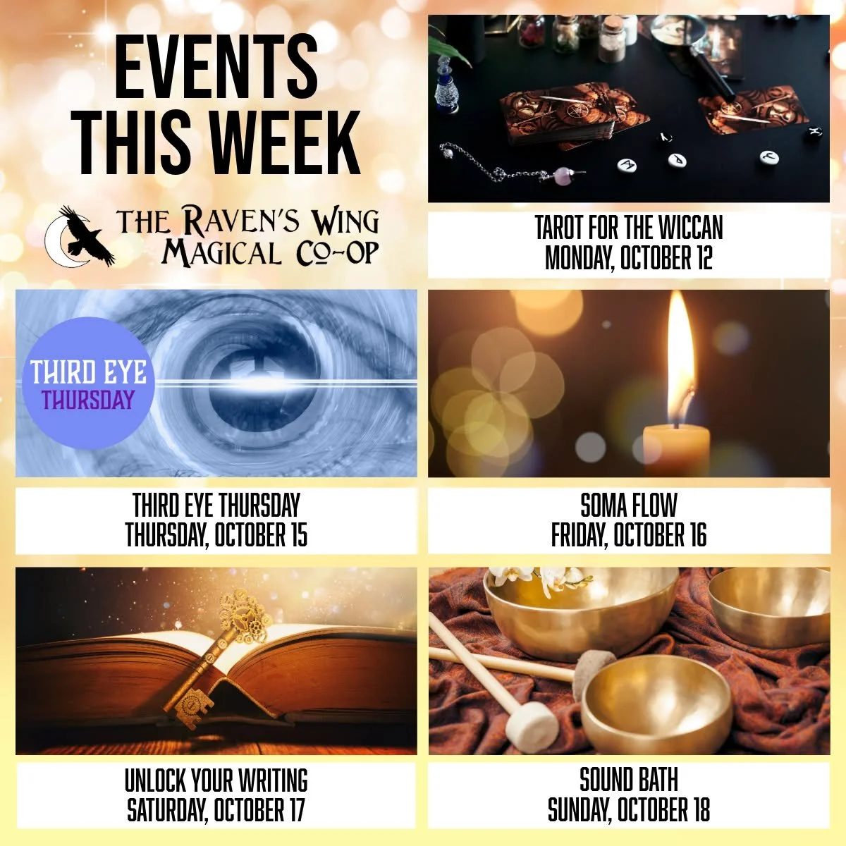 We have an exciting and magical week all planned out for you! 

𝗧𝗮𝗿𝗼𝘁 𝗳𝗼𝗿 𝘁𝗵𝗲 𝗪𝗶𝗰𝗰𝗮𝗻, 𝗮𝗻𝗱 𝗢𝘁𝗵𝗲𝗿 𝗗𝗶𝘃𝗶𝗻𝗮𝘁𝗼𝗿𝘆 𝗦𝗸𝗶𝗹𝗹𝘀 𝗳𝗼𝗿 𝗦𝗲𝗹𝗳-𝗗𝗶𝘀𝗰𝗼𝘃𝗲𝗿𝘆
𝗠𝗼𝗻𝗱𝗮𝘆, 𝗢𝗰𝘁𝗼𝗯𝗲𝗿 𝟭𝟮 𝗳𝗿𝗼𝗺 𝟳:𝟬𝟬𝗽𝗺 𝘁𝗼 