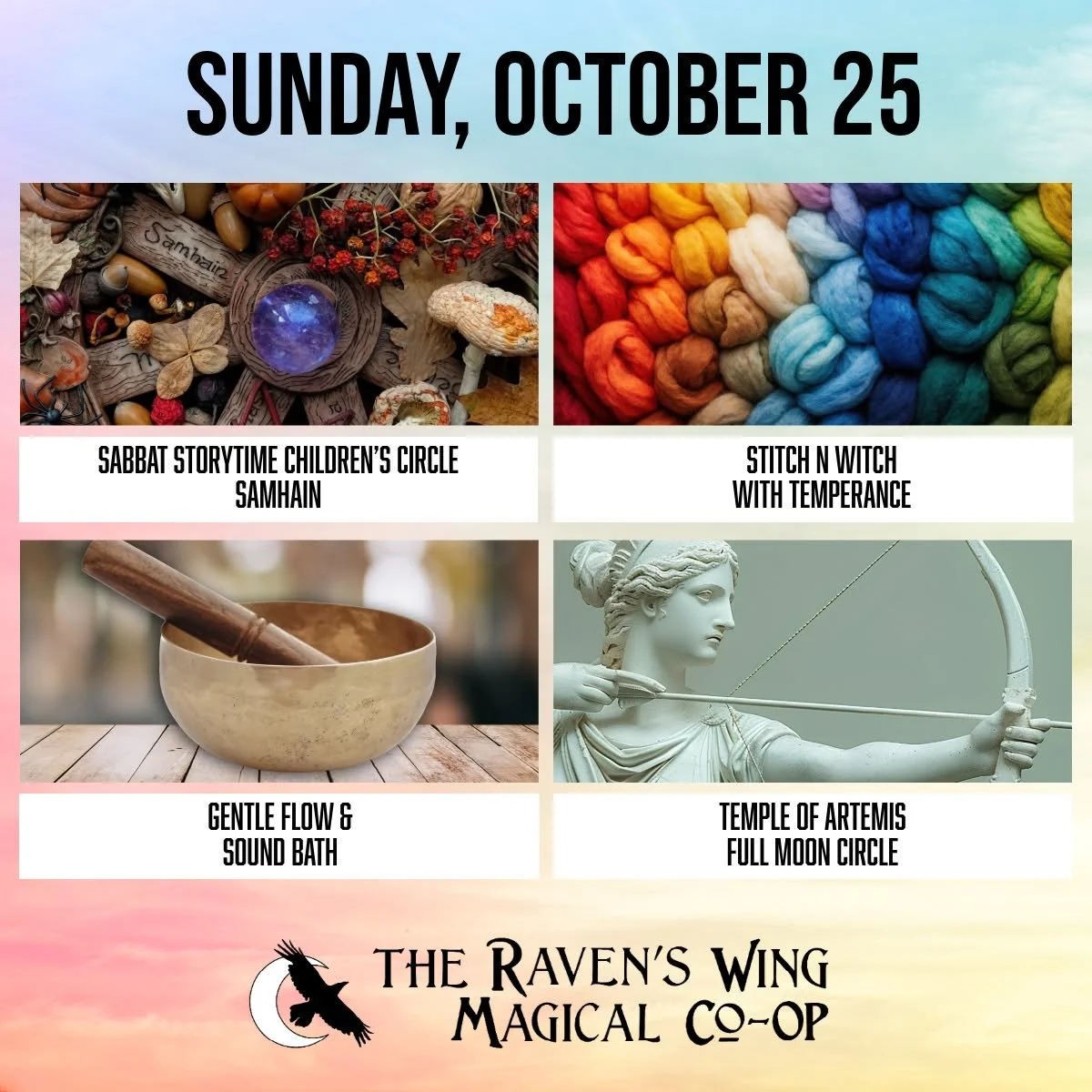 We have a packed in day of community magic and celebration set for Sunday! We have you can come by and help us celebrate. 

𝗦𝗮𝗯𝗯𝗮𝘁 𝗦𝘁𝗼𝗿𝘆𝘁𝗶𝗺𝗲 𝗖𝗵𝗶𝗹𝗱𝗿𝗲𝗻&rsquo;𝘀 𝗖𝗶𝗿𝗰𝗹𝗲 &ndash; 𝗦𝗮𝗺𝗵𝗮𝗶𝗻
𝗦𝘂𝗻𝗱𝗮𝘆, 𝗢𝗰𝘁𝗼𝗯𝗲𝗿 𝟮?