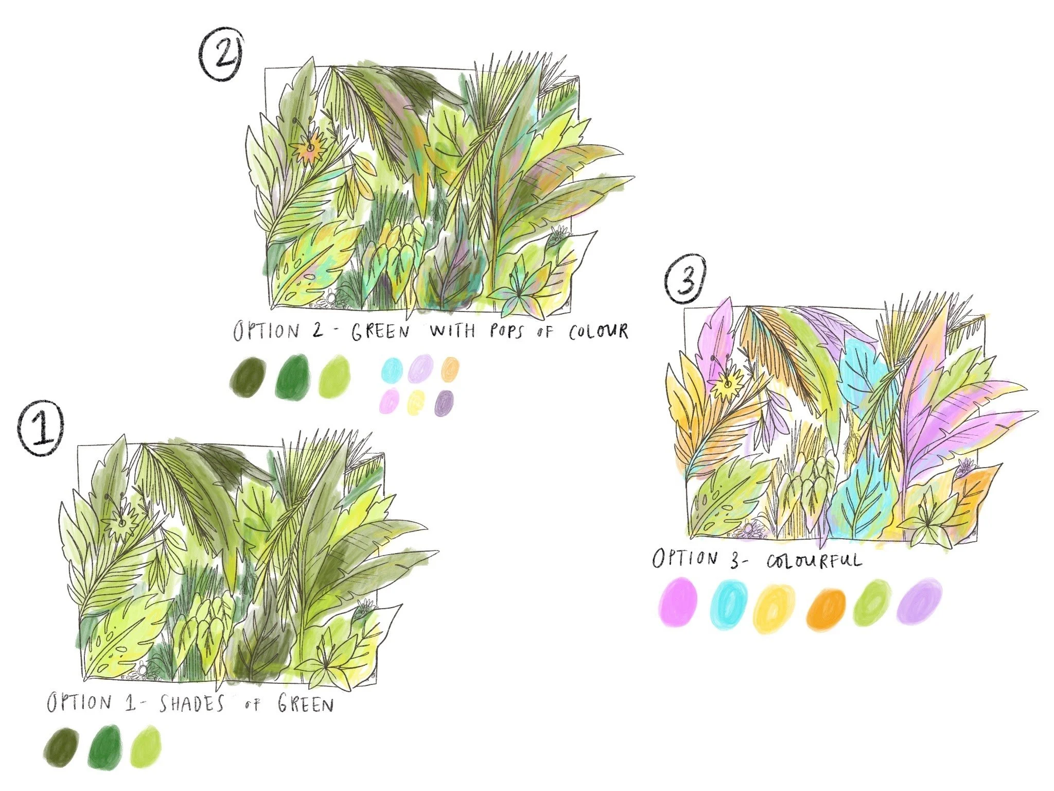   Initial sketches; various colour palettes that the young writers voted on.   