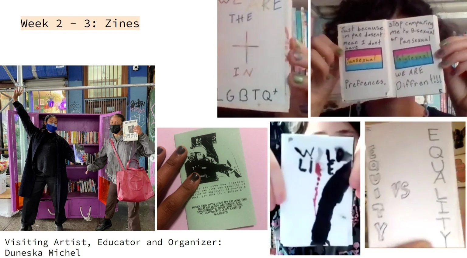   Sample project: Zine-making. We had a visit from Bushwick-based artist, educator and organizer, Duneska Michel, who spoke of her mutual aid collective based, Guanabana. Amongst their many local organizing initiatives, they run a free library that f