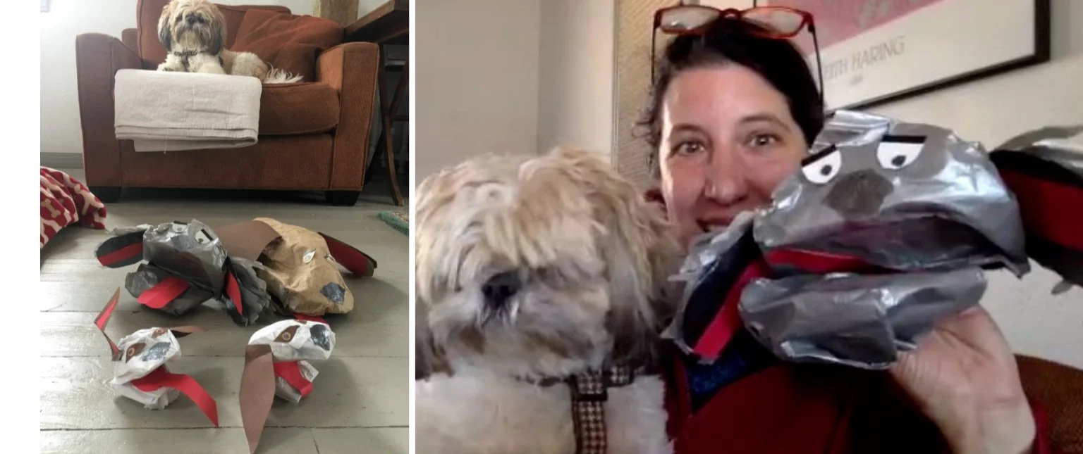  Lora created a puppet of her dog - and then created several more for the rest of her neighbourhood dogs! What a joy!   