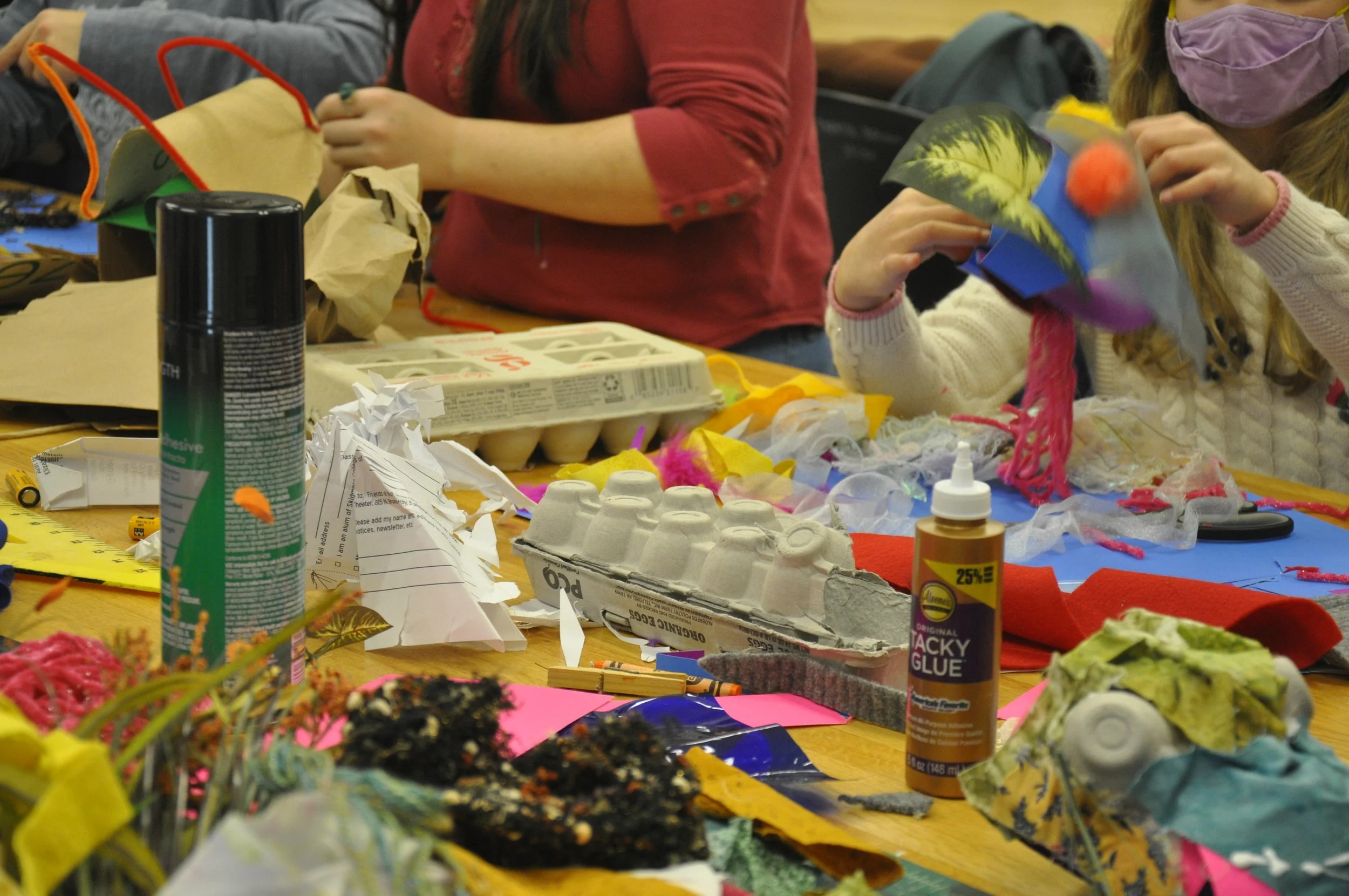   In person workshop at Skidmore College. Piles of recycled materials waiting to be playfully transformed!  