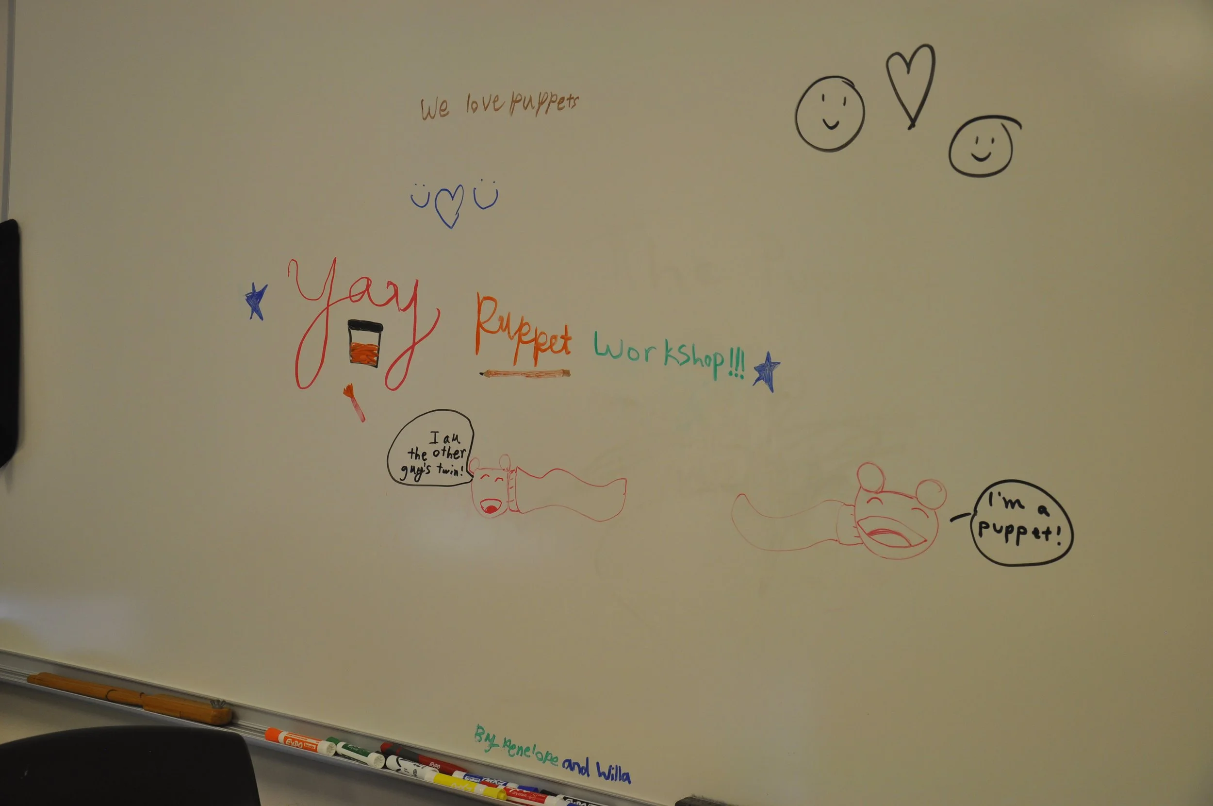   Beautiful notes left behind by budding 9-year-old puppet makers.   