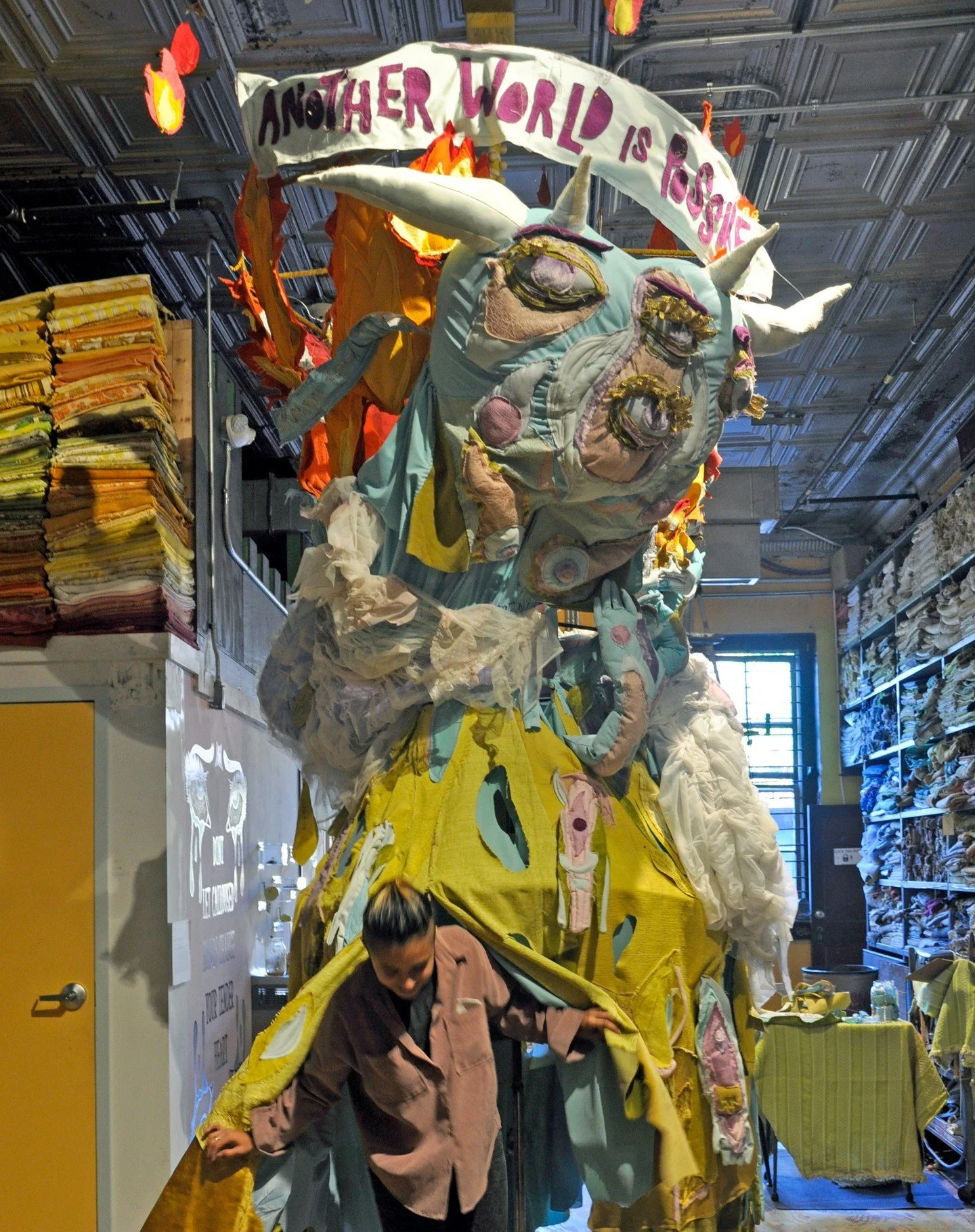 Big ole textile monster from 2021, made at @elsewheremuseum, while thinking a lot about resistance, community care and mutual aid. Felt like a moment to reshare. I don't really know what else to say, posting here is weird, heart is heavy, but finding