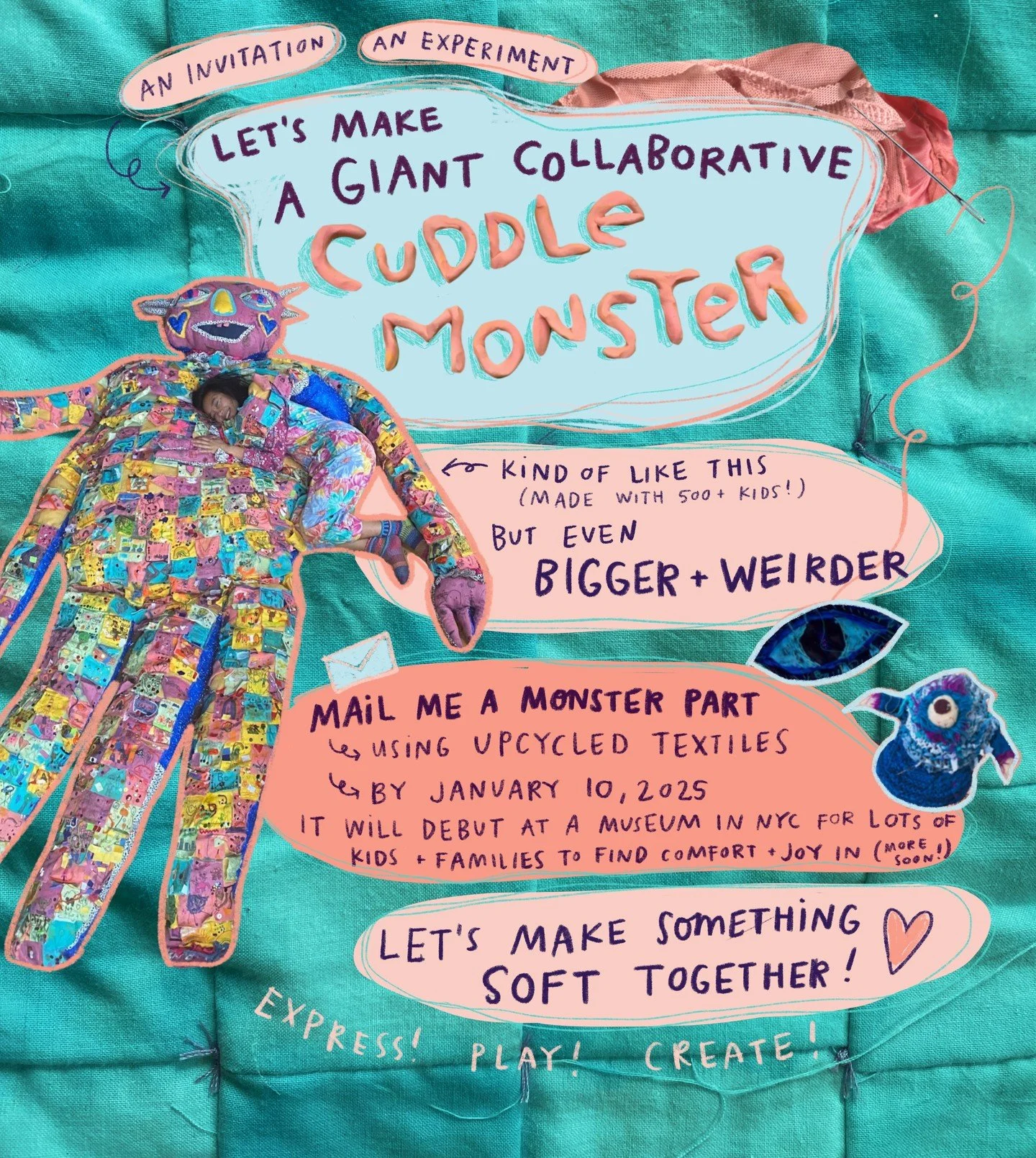 Hiiii human creatures! Excited and nervous to share... ~The Giant Collaborative Cuddle Monster Open Call is now LIVE!!!~ Eeeek, woooo! 

The world can feel hard. Being human is strange. Let's make something soft together! &lt;3 

Inviting you to cont