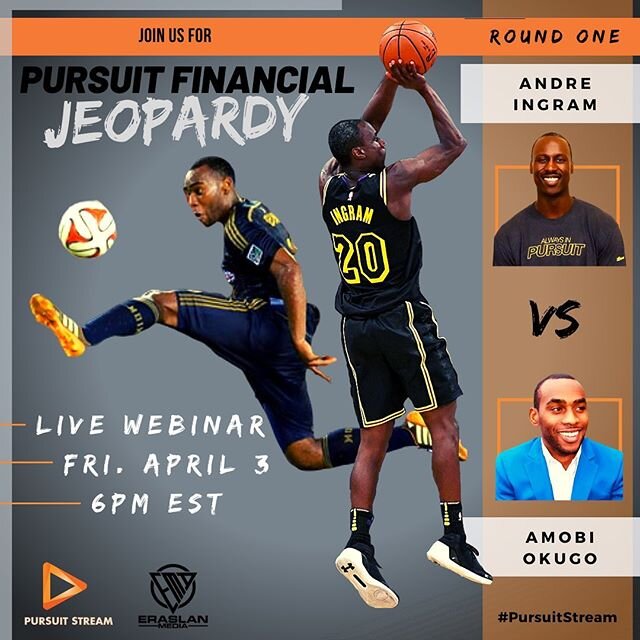 Join us tomorrow for Pursuit Financial Jeopardy round 1 Via Zoom with Andre Ingram &amp; Amobi Okugo! Link In Bio or DM me to get signed up! #pursuitstream #andreingram