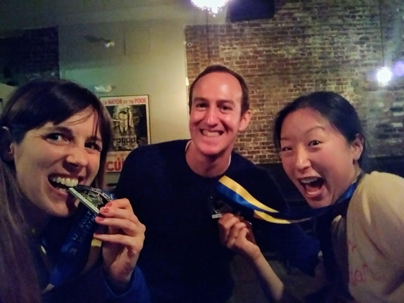 Mirjam Lablans, Brent Frissora and Eva Frissora celebrating.