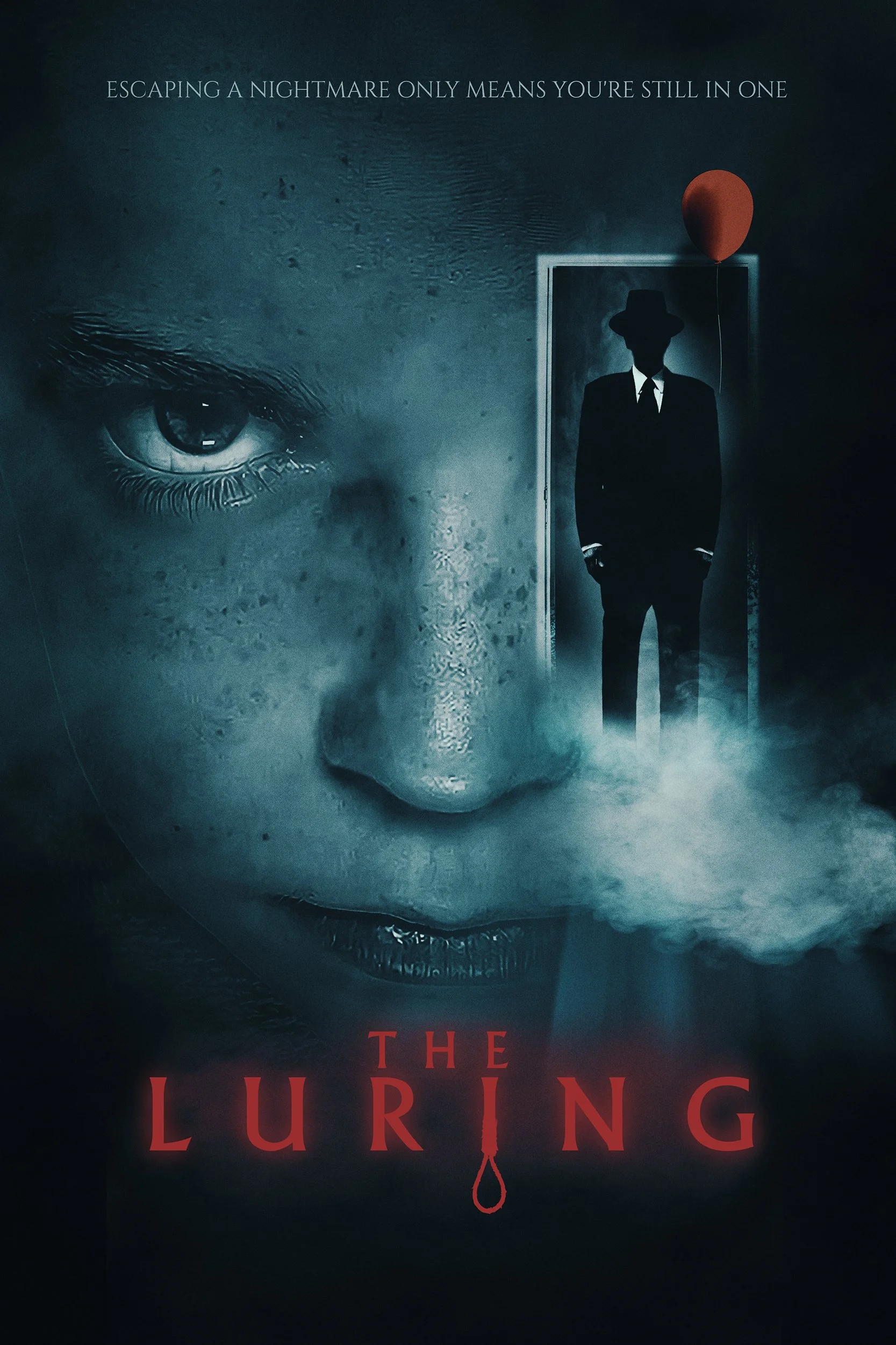 Movie poster for "The Luring" featuring a large, close-up of a woman's face with a serious expression, a man in a suit and hat standing in a doorway with smoke at his feet, and a red balloon floating above him. Text at the top reads "Escaping a nightmare only means you're still in one."