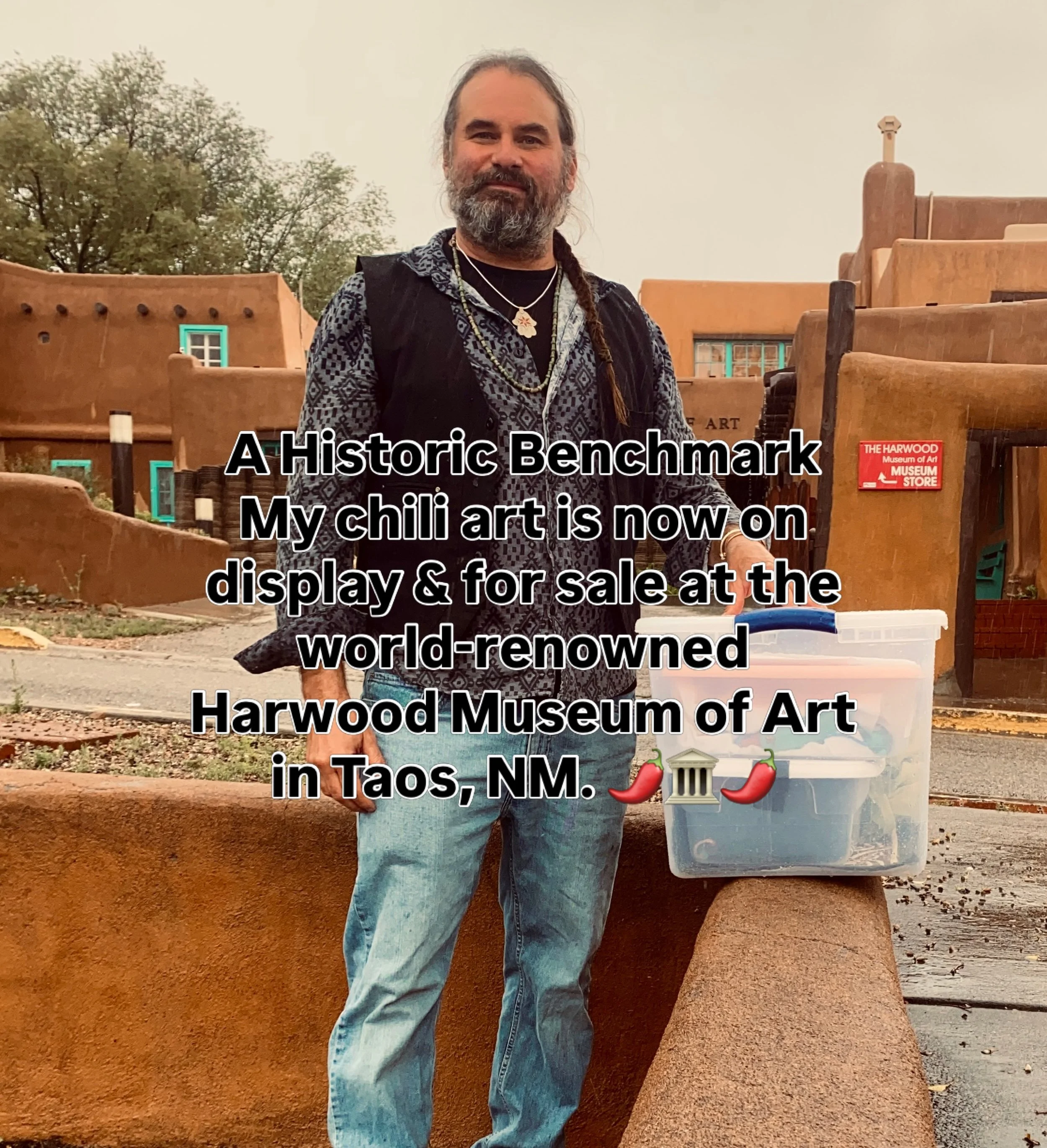 As heavy monsoon rains washed over Taos, a dream crossed a historic threshold: my sculptural chilis are now officially on display and for sale at the prestigious, internationally known Harwood Museum of Art. 🌧️🌶️✨

Yesterday, as torrential storms p