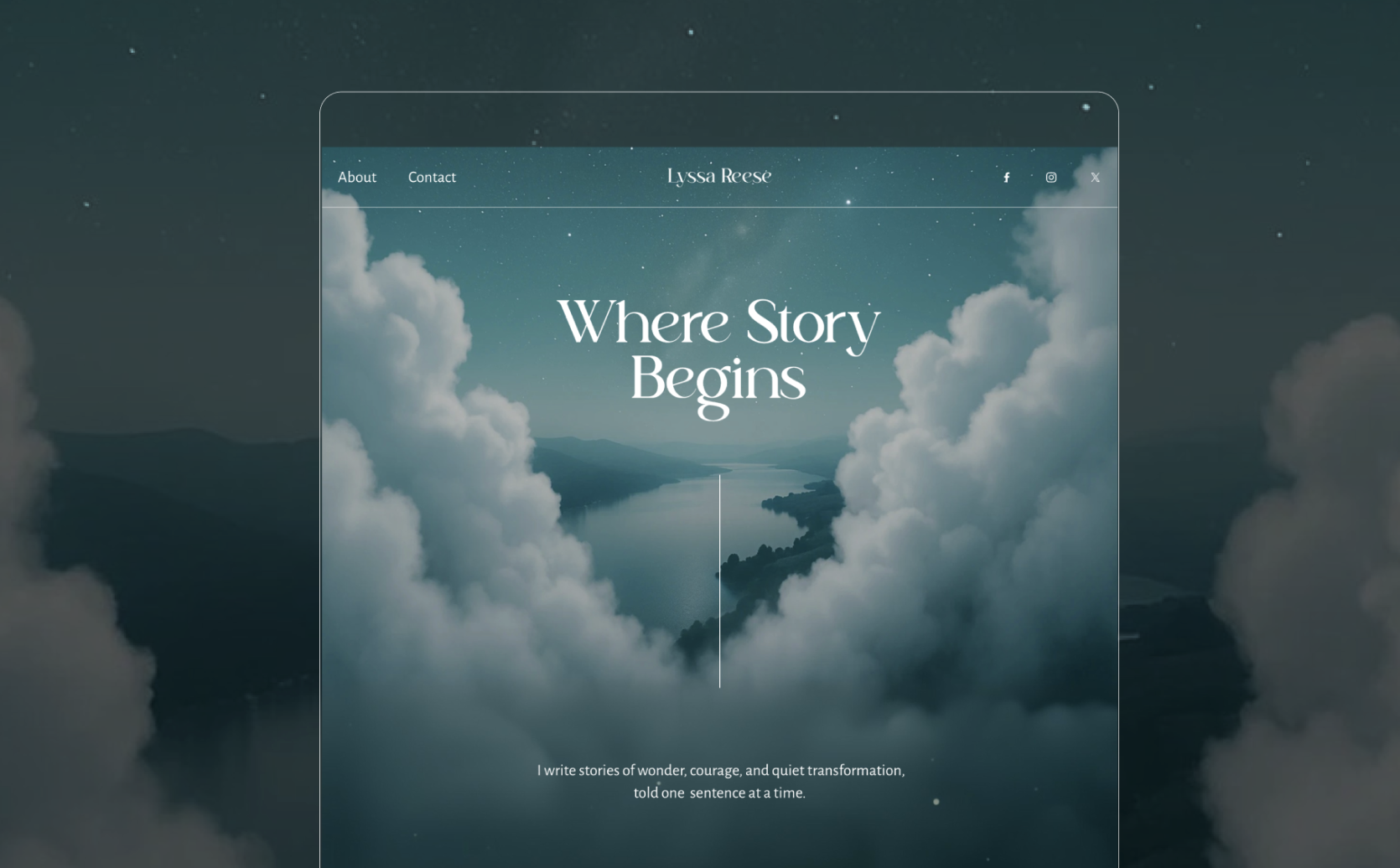 Website homepage with the title "Where Story Begins" featuring a scenic view of a river surrounded by clouds and mountains at night.