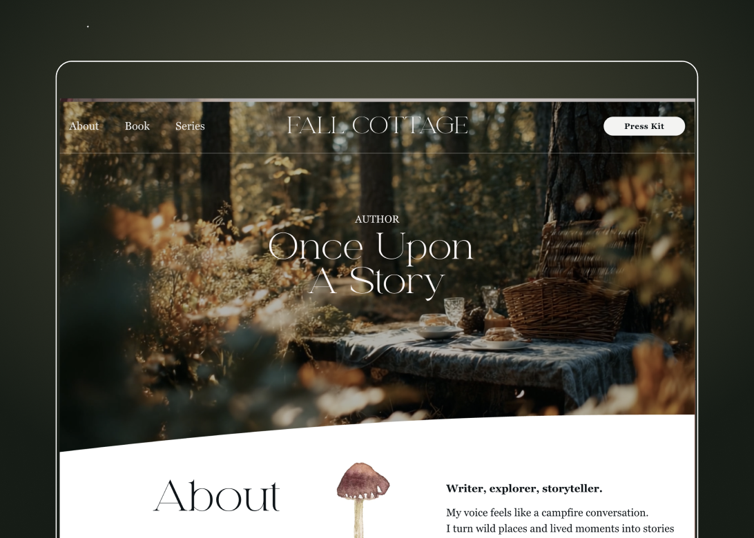 A webpage for 'Fall Cottage' featuring a forest scene with a picnic table, a basket, glass of wine, and breakfast items in a sunlit autumn forest setting.