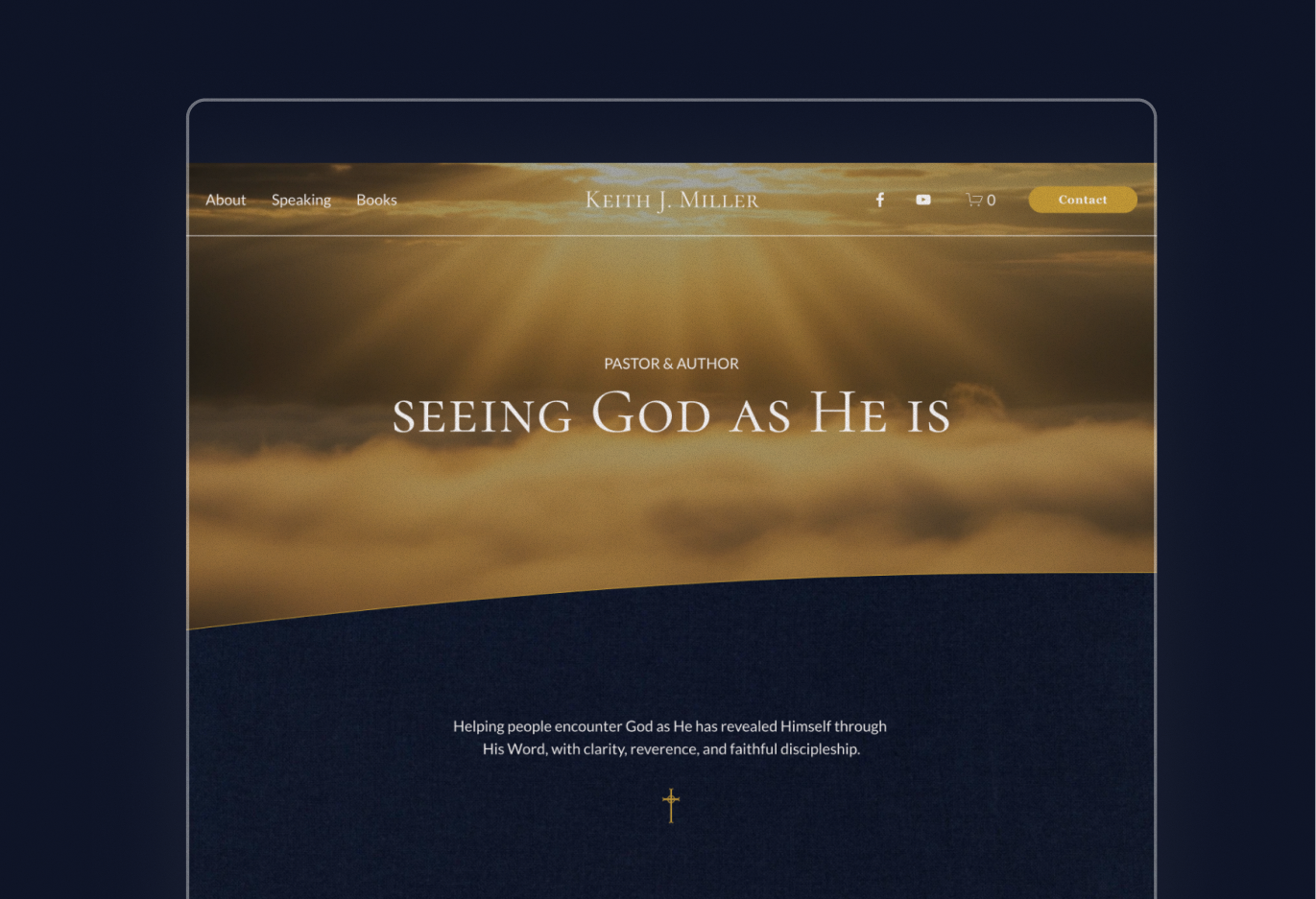 A website homepage for Keith J. Miller, a pastor and author, featuring a background image of clouds and sunlight with the text 'Seeing God as He Is' and a navigation menu at the top