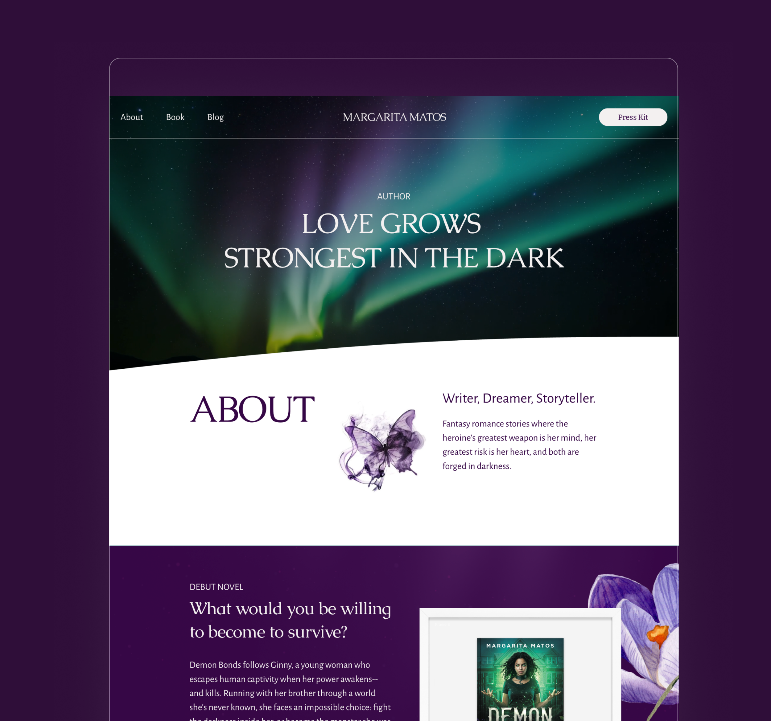 Web page for a novel titled 'Demon' by Margarita Matos, featuring a dark cover image of a woman with glowing hands and a cityscape background, and featuring purple and green tones.