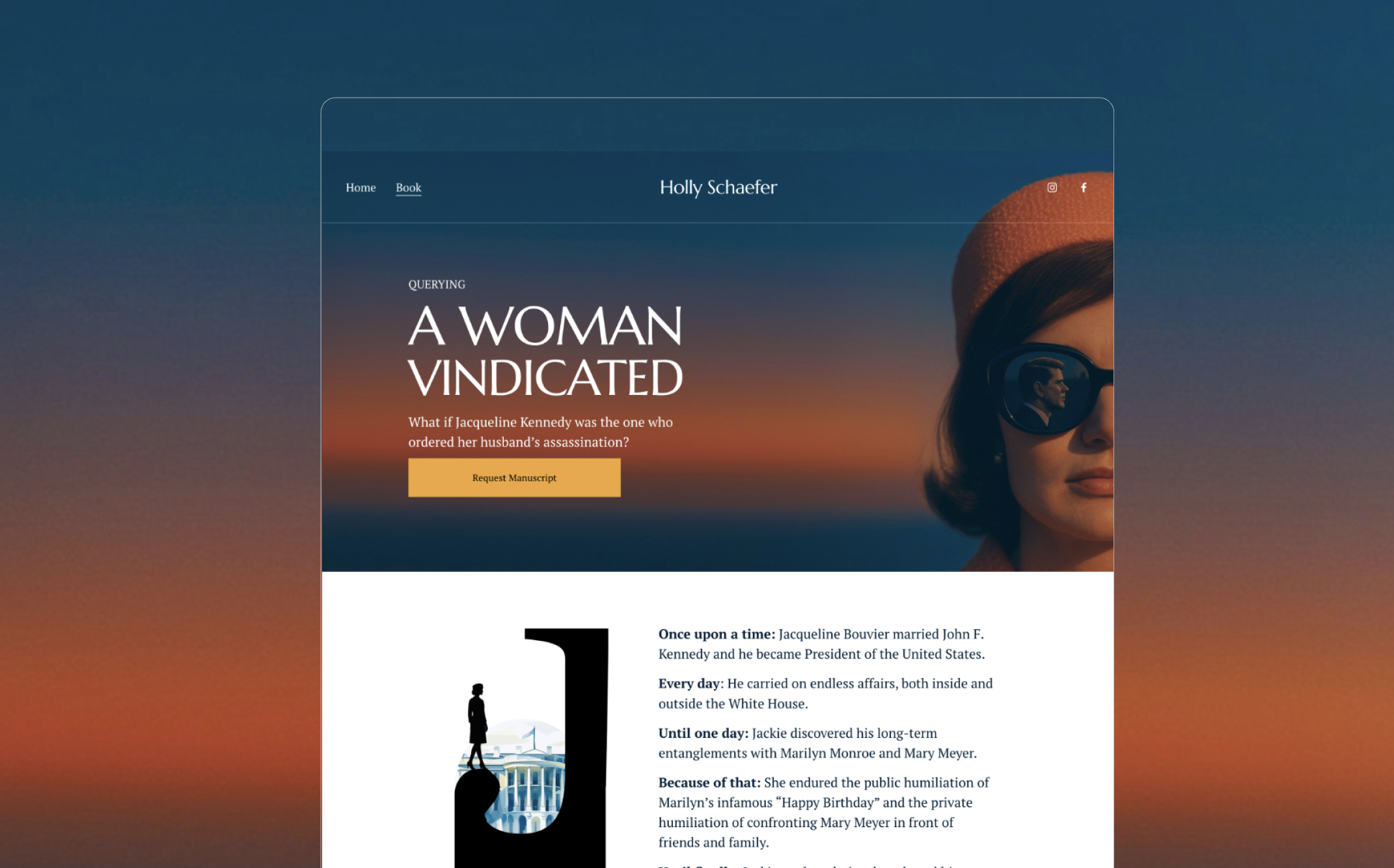 Webpage titled 'A Woman Vindicated' with a woman wearing sunglasses and an orange hat on a sunset background. Navigation menu with Home and Book links, and social media icons. Button labeled 'Request Manuscript'.