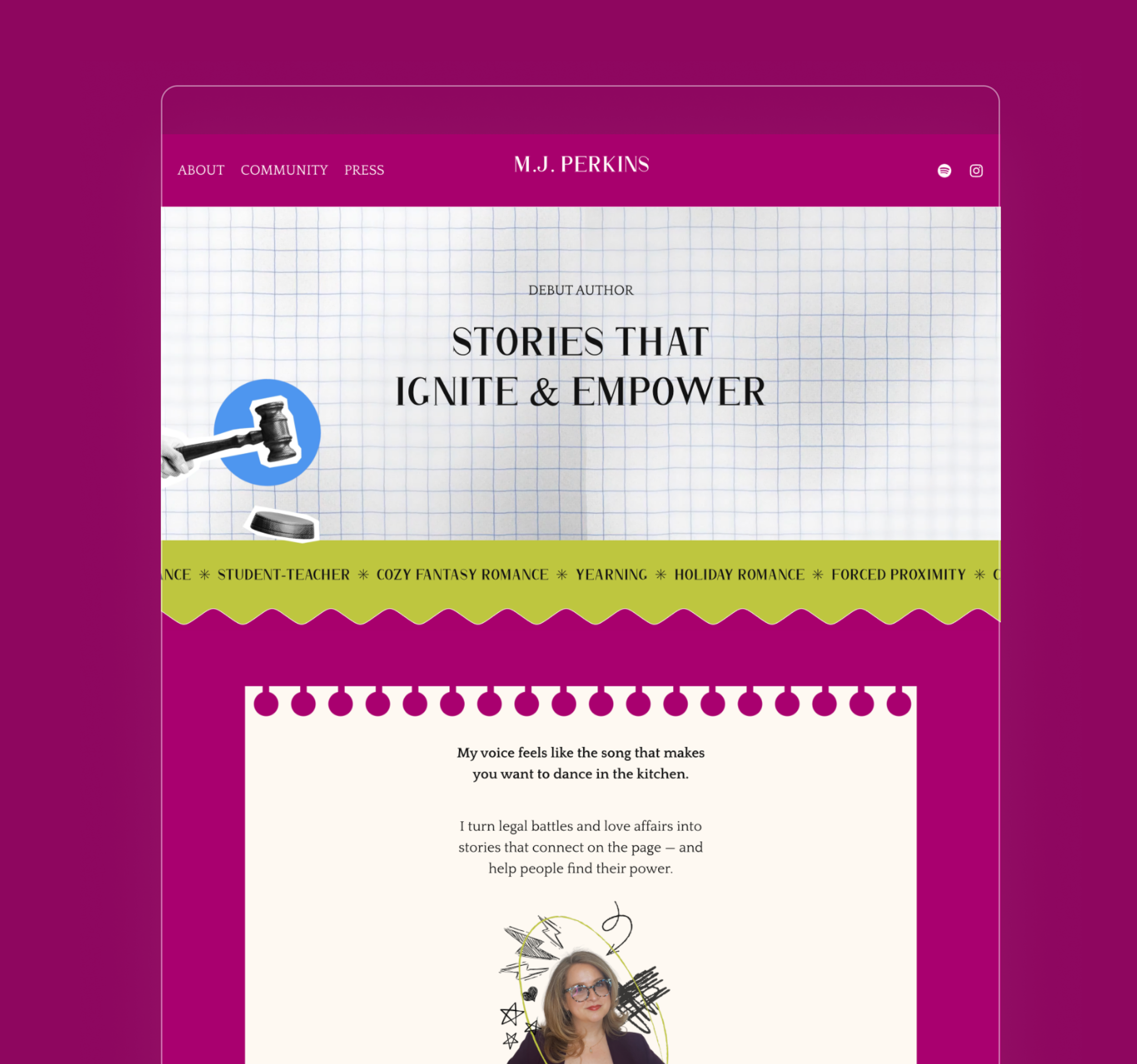 A website page featuring the book titled 'Stories That Ignite & Empower' by M.J. Perkins. The page has a magenta header with navigation options, and a grid background below the title. The content discusses turning legal battles into empowering storie