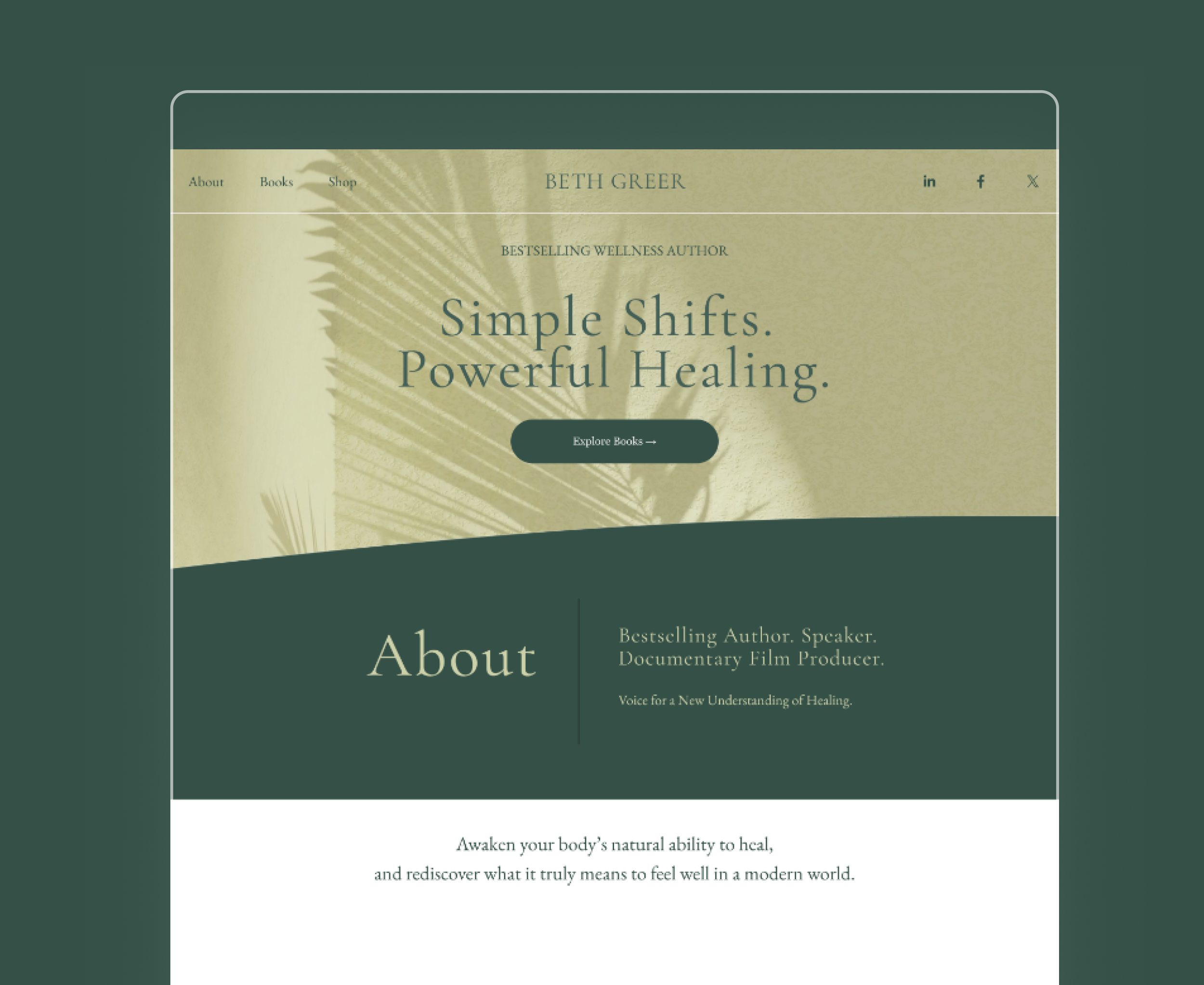A webpage with navigation links, the author's name Beth Greer, and a book titled 'Simple Shifts. Powerful Healing.' with a background image of a palm leaf shadow.
