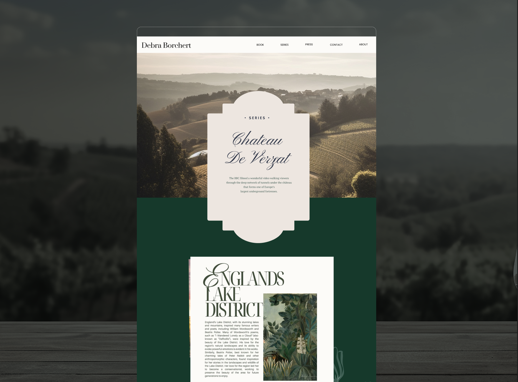 A webpage design featuring landscape scenery, with sections about a series named 'Chateau De Verzat' and 'Englands Lake District,' including text and images.