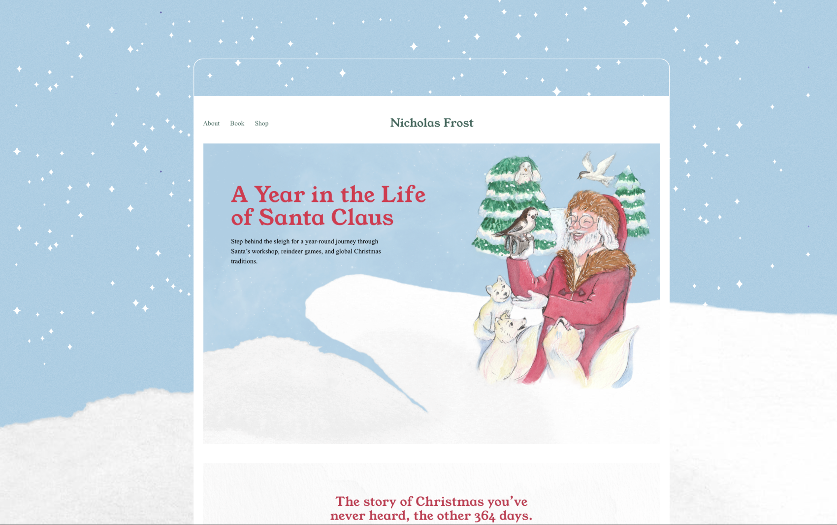 An illustrated webpage featuring a cheerful Santa Claus with glasses, red suit, and white beard holding a bird on his finger, surrounded by trees, animals, and birds. The webpage promotes a book titled 'A Year in the Life of Santa Claus' by Nicholas