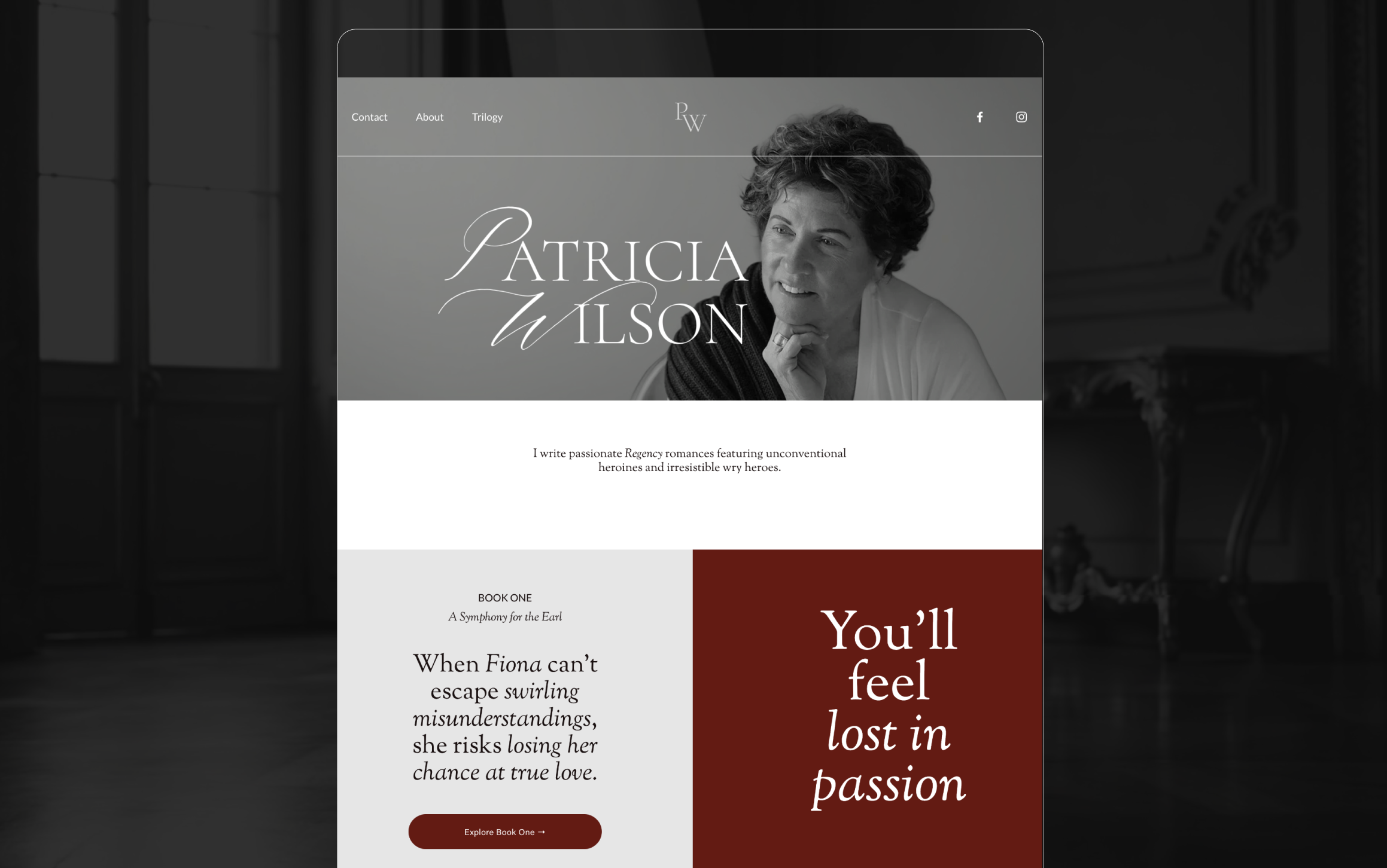 Website homepage for Patricia Wilson, a romance author, featuring her photo, navigation menu, and promotional text for her book 'A Symphony for the Earl'.