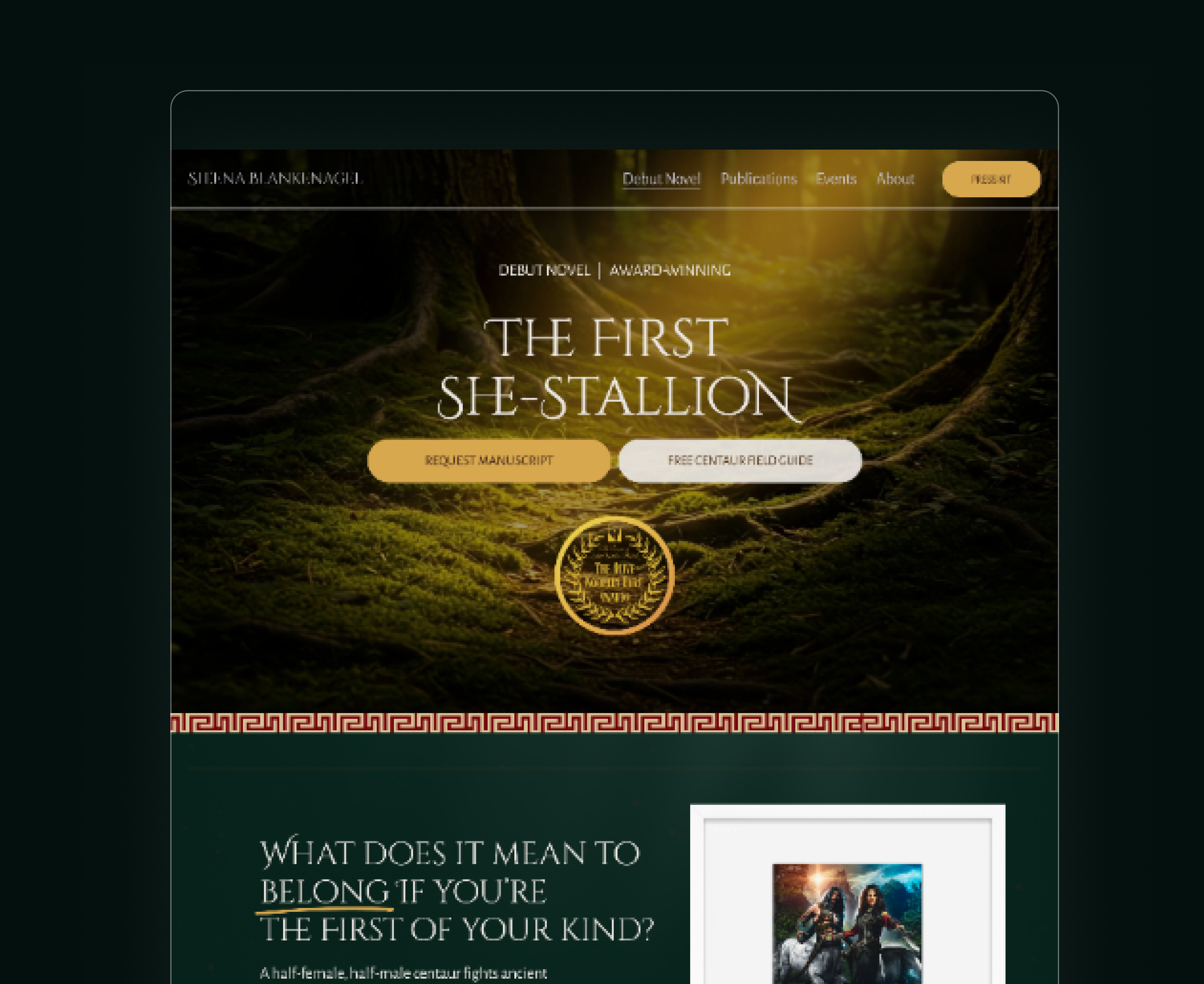 Website homepage for Suenna Blankingall with menu options, a hero image of a forest path, and text promoting her debut novel 'The First She-Stallion'