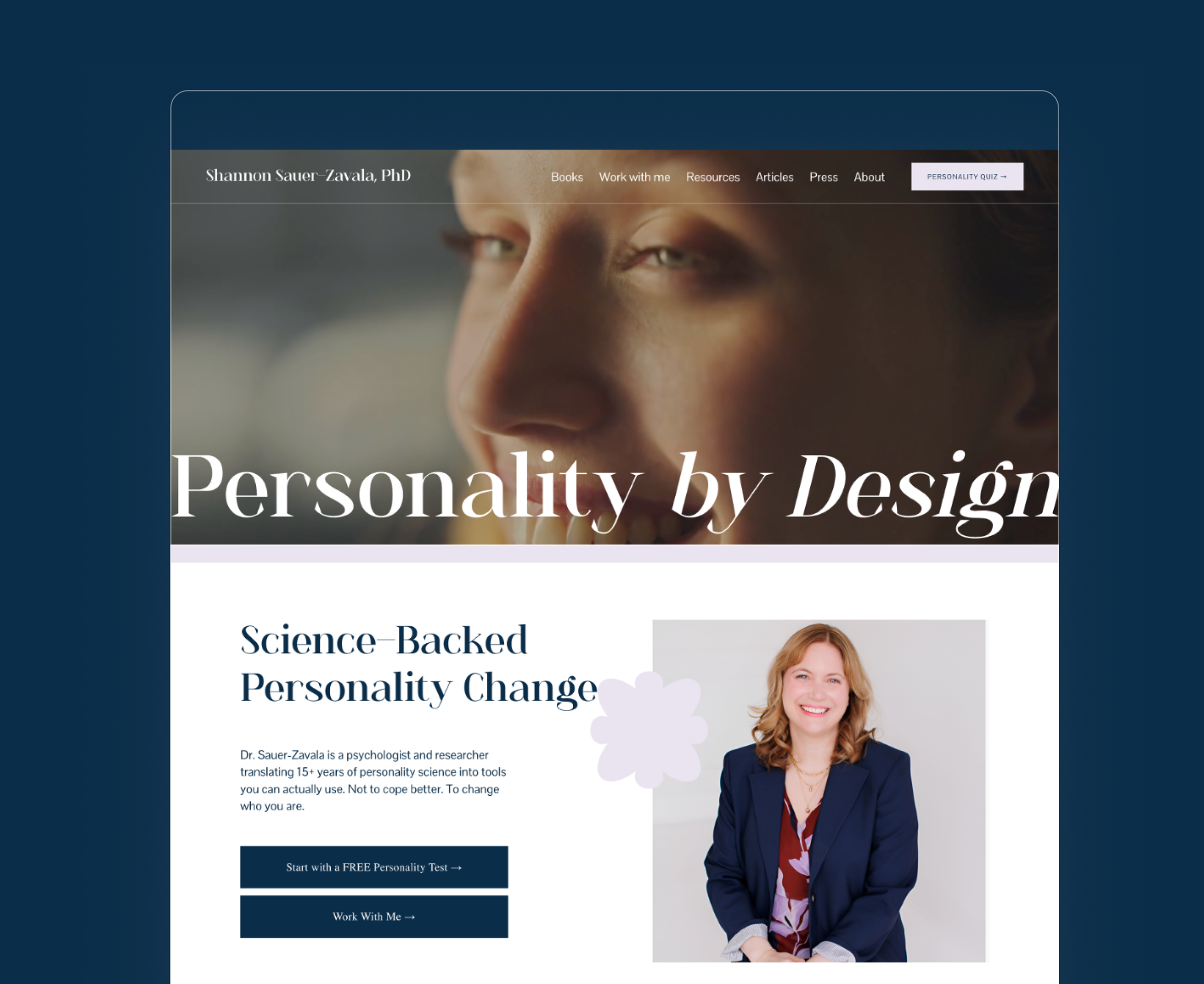 Screenshot of a personal website featuring a close-up photo of a smiling woman with blonde hair, wearing a navy blue blazer and floral blouse, with text about personality science and a navigation menu at the top.