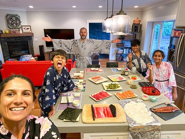 We miss traveling. 🌎 Yesterday, we adorned our Yukatas, played some Taiko music, feasted on a Japanese spread, and ended the night with some Anime! 🇯🇵 //
.
Homemade-sushi-night 🍣🍱🍚🥢🍵🍶 is all the rage in this family...but it really doesn&rsqu