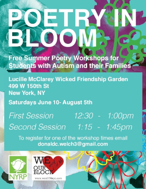 Vibrant teal flyer with “Poetry in Bloom” in all white lettering. Background has images, sketches, and line drawings of various flowers. Information about the event is in an all teal box, written in white lettering. In the bottom left are organization logos.