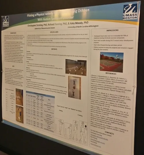 Academic poster form Umass Boston. The title and subtitle blocked out by a light glare. The Umass Boston logo and color scheme, blue and white, are employed throughout. The lettering and charts are black on a white background.
