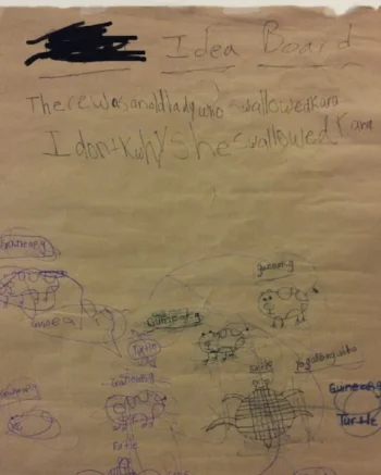 Brown Butcher paper with writing and drawing in black, green, purple, and blue expo marker. The first part of the title is censored in black but the next two words read “Idea Board” the handwriting is difficult to read as are a lot of the drawings, though some are clearly of animals like a Guinea Pig and Turtle.