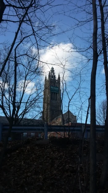Blue sky and few clouds frame an old, brick tower. The bricks are sandstone in color and the tower is gothic in design. A green banner reads “Perkins School for the Blind.” In the foreground are trees in a park sloping uphill to the road, as denoted by a steel barrier.