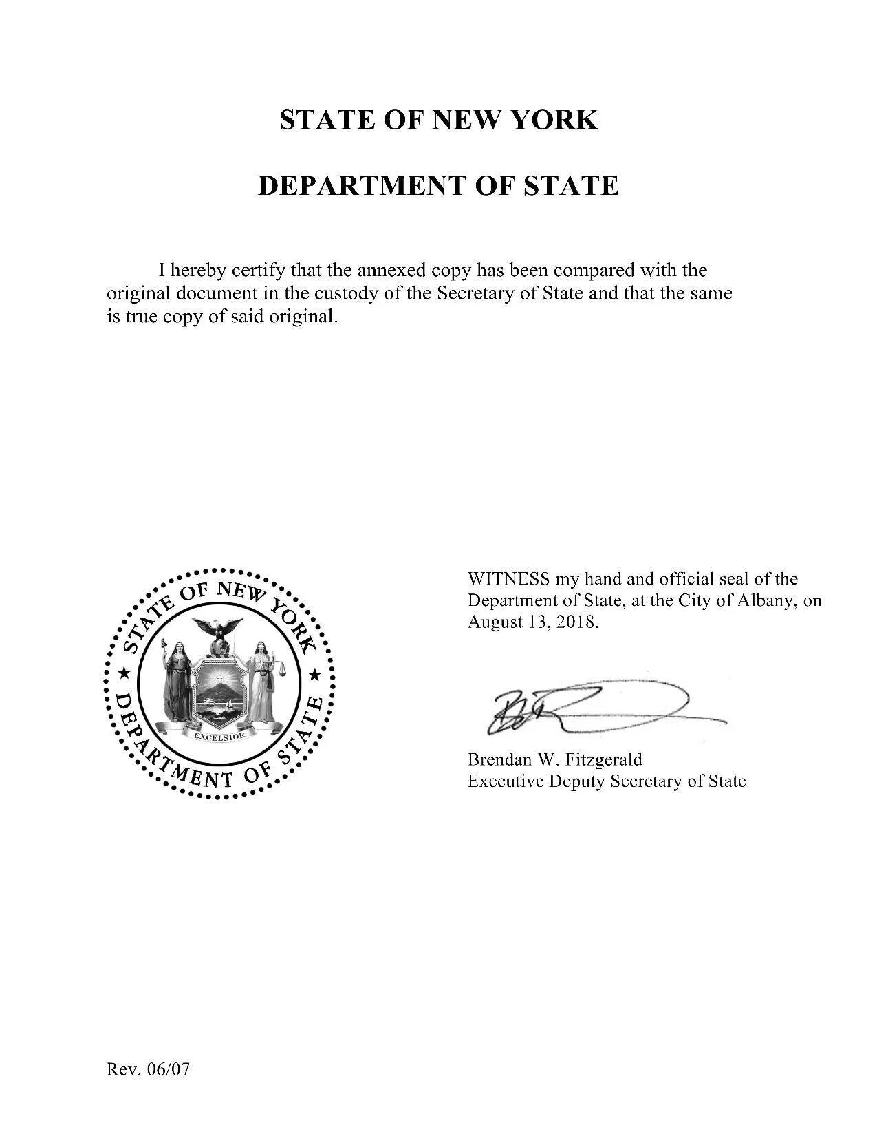 Scan of formal document from the State of New York Department of State. White paper with black text including the state seal of New York and a formal signature form the Executive Deputy Secretary of State Brendan W. Fitzgerald