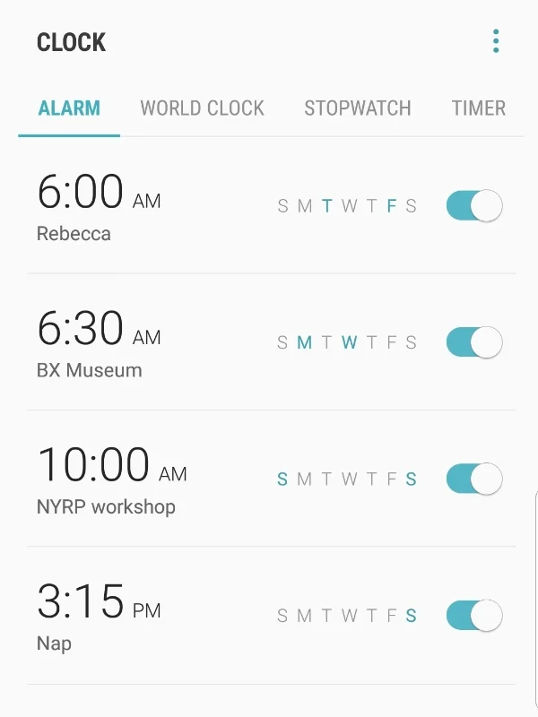 Four alarms set on a smart phone at various times: Rebecca School 6am on Tuesdays and Fridays, BX Museum 6:30am Monday and Wednesday, NYRP Workshop 10am on Saturday and Sunday, and Nap 3:15pm on Sunday. A light blue slide shows us that all the alarms are currently turned on.