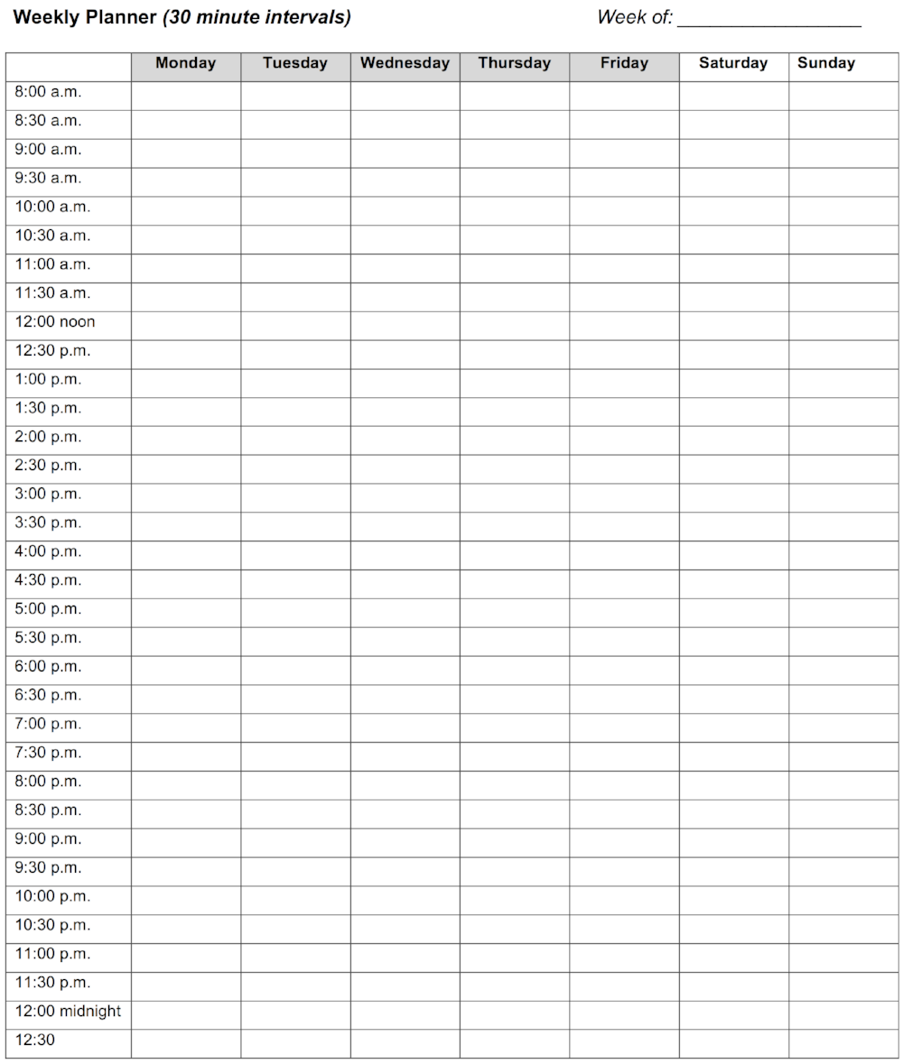 Chart on white background with black writing and lines. The title is in large bold letters reading “Weekly Planner (30min intervals) and on the right most end of the header is a “Week of” area with a line for the user to write the dates. The cahrt is broken up across a week Monday- Sunday horizontally and vertically listing times from 8:00am to 12:30am in half-hour intervals.