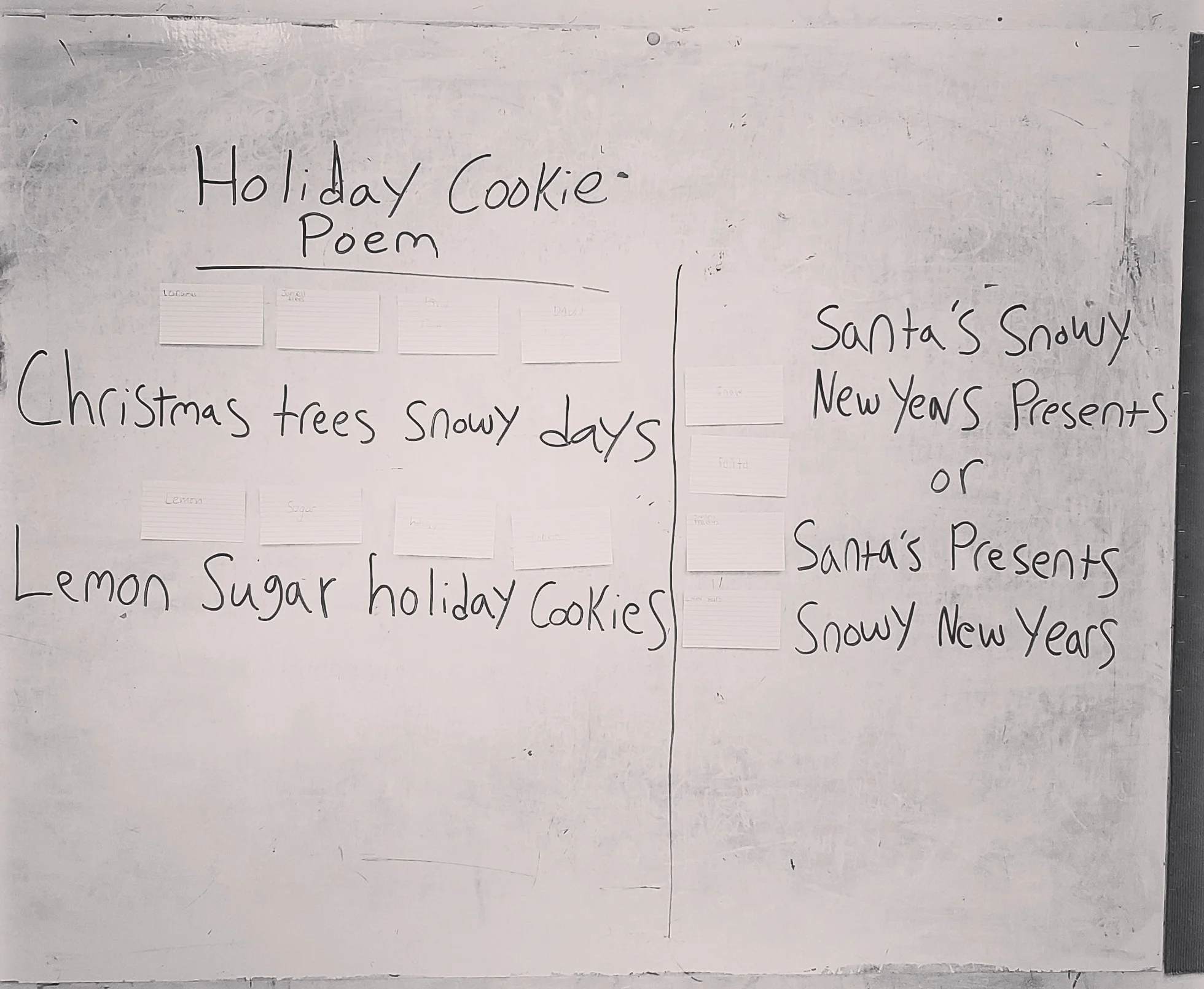 School white board with note cards and handwritten words still in that four by four structure but now without the guiding blank lines. The board is broken up with a column to denote which part of the draft the workshop is going to be working on.