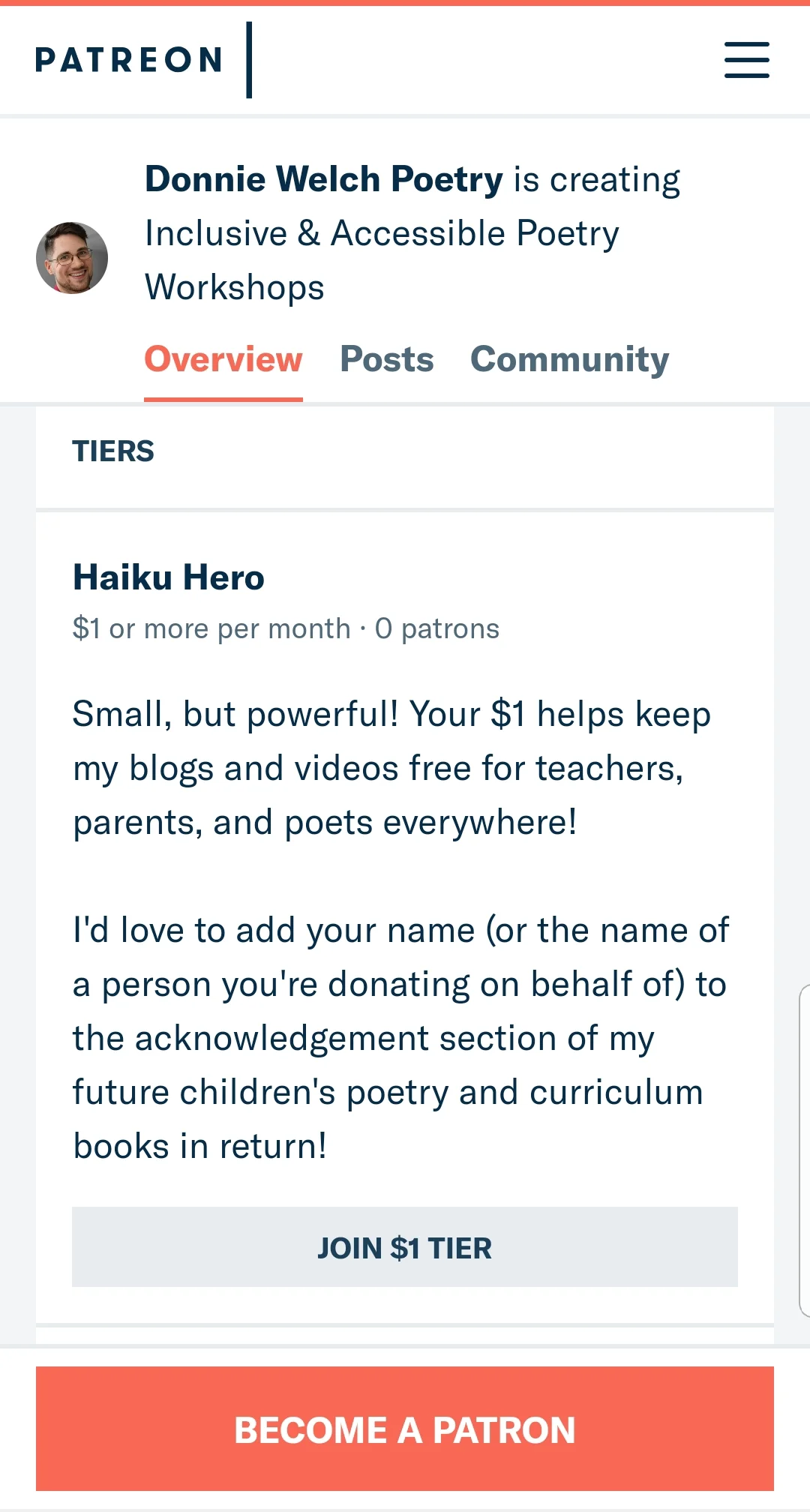 Patreon home page. In the top is an avatar image of Donne Welch, a young white male with glasses, followed by a description of a $1 donation tier.