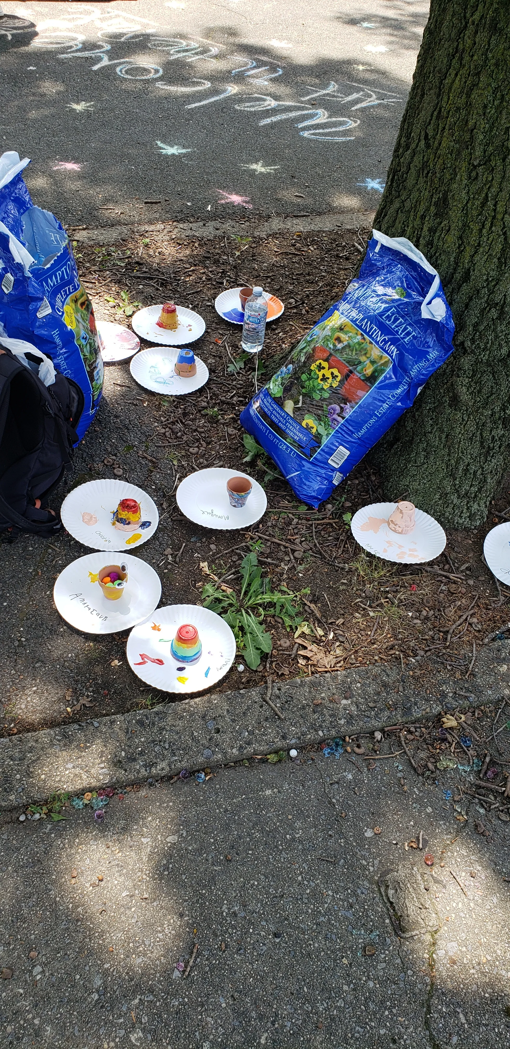 Painted flower pots arranged on plates dry beside a tree. There are names on the plates that denote whose pot is whose, but the writing is difficult to discern at this distance. In the middle of the pots are two large bags of soil. In the background can be seen a sidewalk chalk welcome to Autism Family Fun Day.