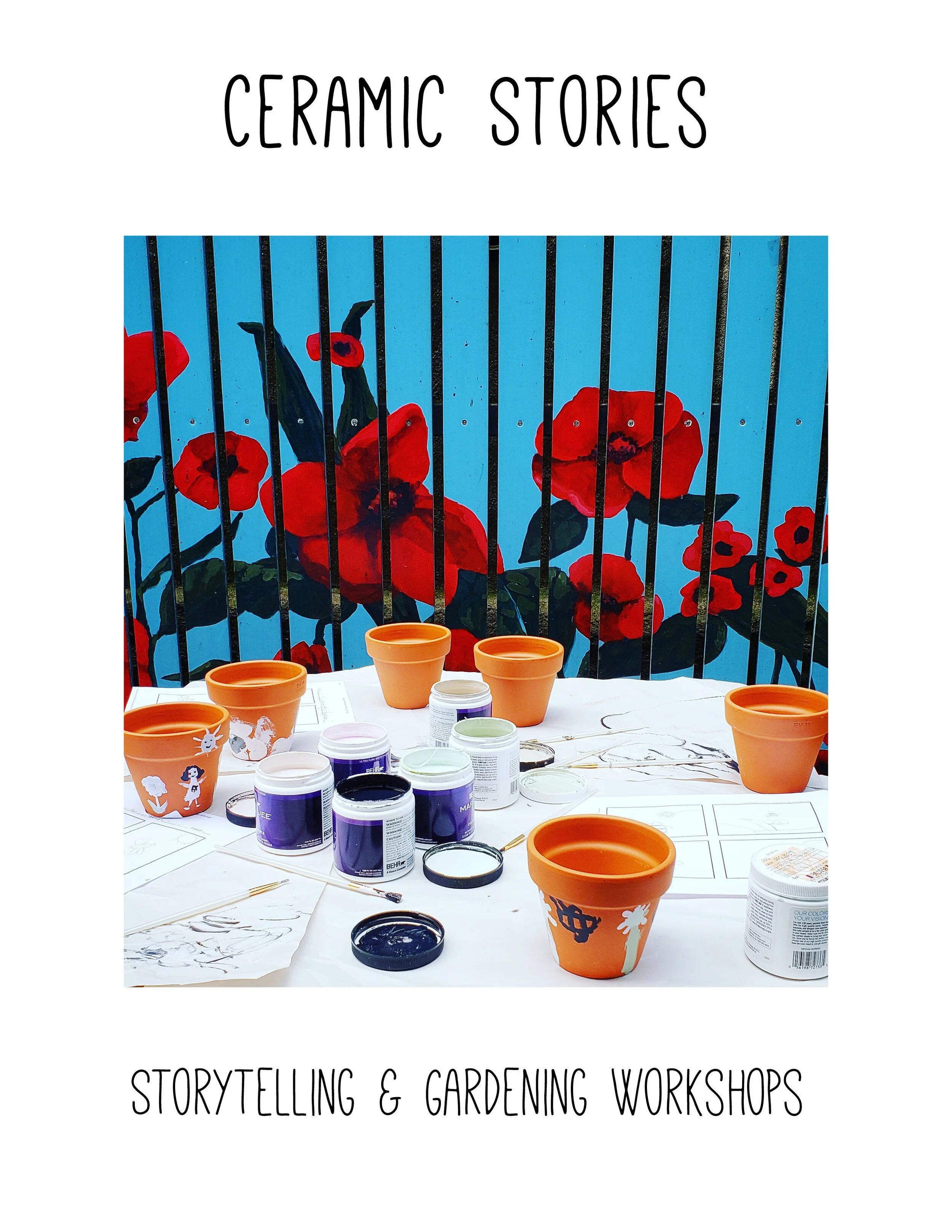 On a white background an image of terra cotta pots in bright paints on top of a table. Brushes, open cans, and scrap paper can also be seen around the project. Above and below the image the title and subtitle are situated in a handwriting like font.