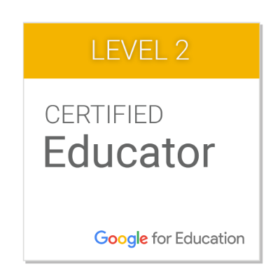 A level 2 Certified Educator badge from Google for Education with a yellow banner and white text box.
