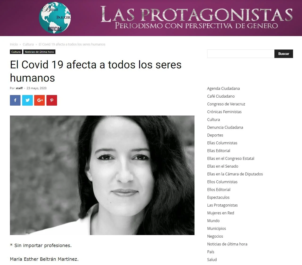 "El Covid 19 afecta a todos los seres humanos" artículo de María Esther Beltrán para Billie Parker Noticias (México)